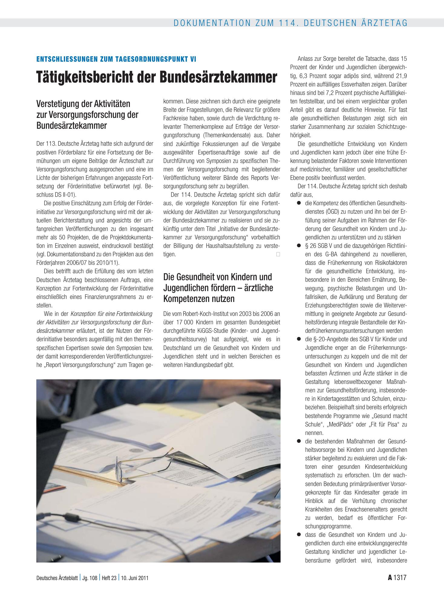 Vorschauseite 1: Entschliessungen zum Tagesordnungspunkt VI: Tätigkeitsbericht der Bundesärztekammer – Deutsches Ärzteblatt