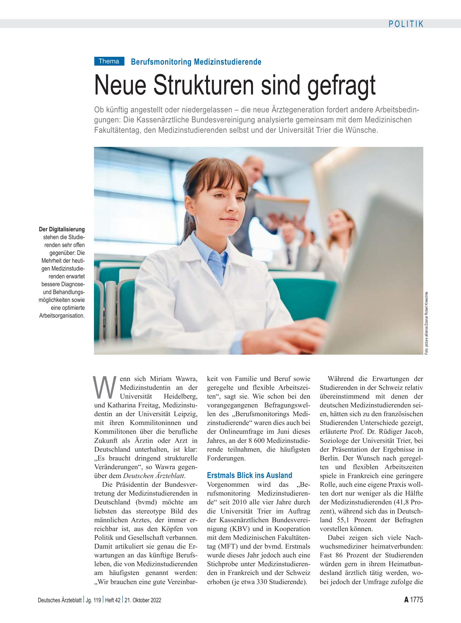 Vorschauseite 1: Berufsmonitoring Medizinstudierende: Neue Strukturen sind gefragt – Deutsches Ärzteblatt
