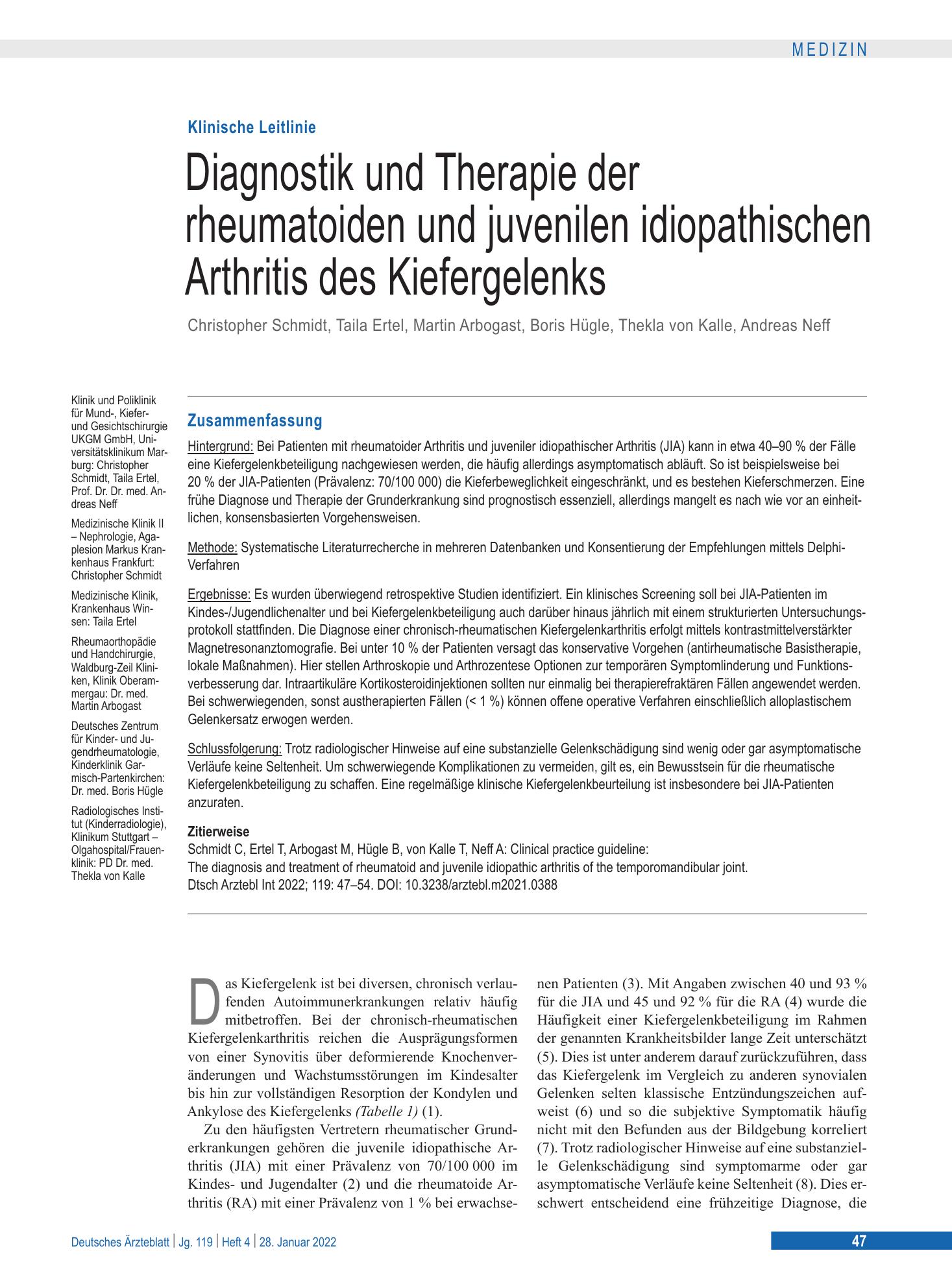 Vorschauseite 1: Diagnostik und Therapie der rheumatoiden und juvenilen idiopathischen Arthritis des Kiefergelenks – Deutsches Ärzteblatt