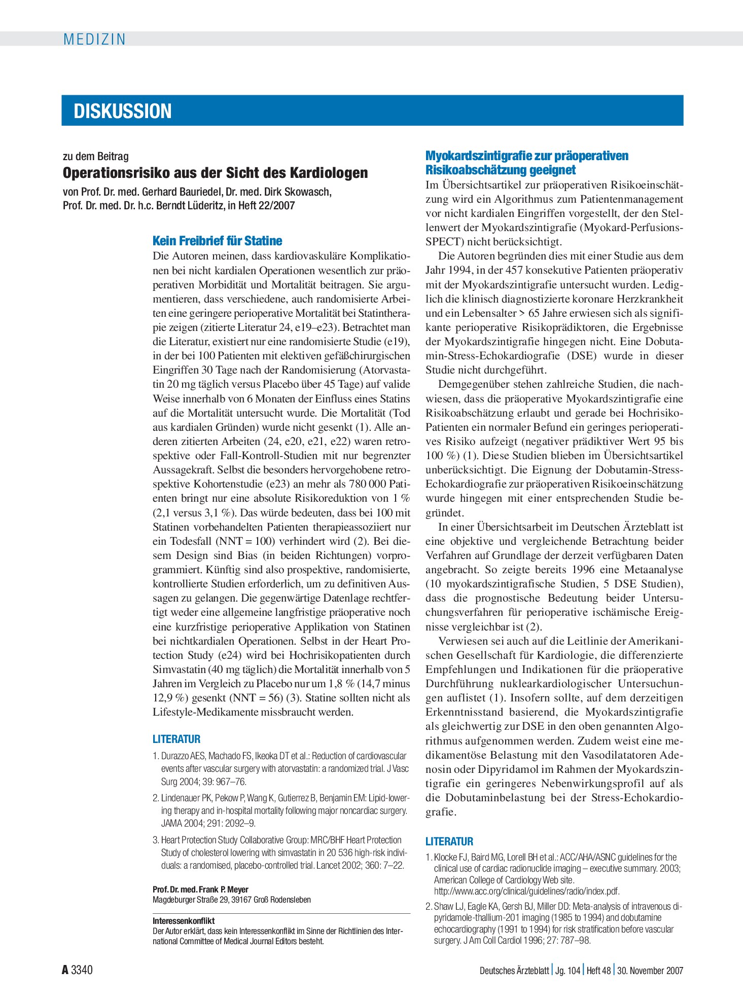 Vorschauseite 1: Operationsrisiko aus der Sicht des Kardiologen: Myokardszintigrafie zur präoperativen Risikoabschätzung geeignet – Deutsches Ärzteblatt