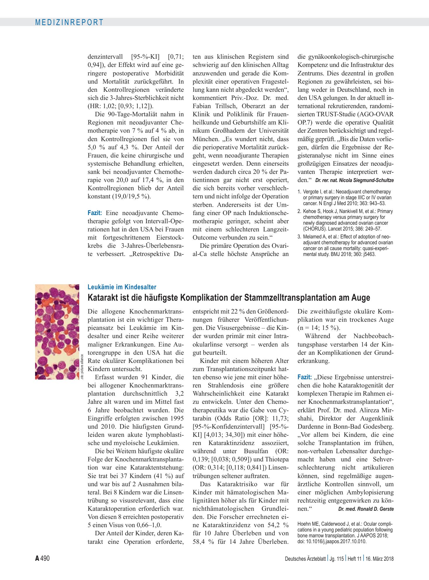 Vorschauseite 1: Leukämie im Kindesalter: Katarakt ist die häufigste Komplikation der Stammzelltransplantation am Auge – Deutsches Ärzteblatt