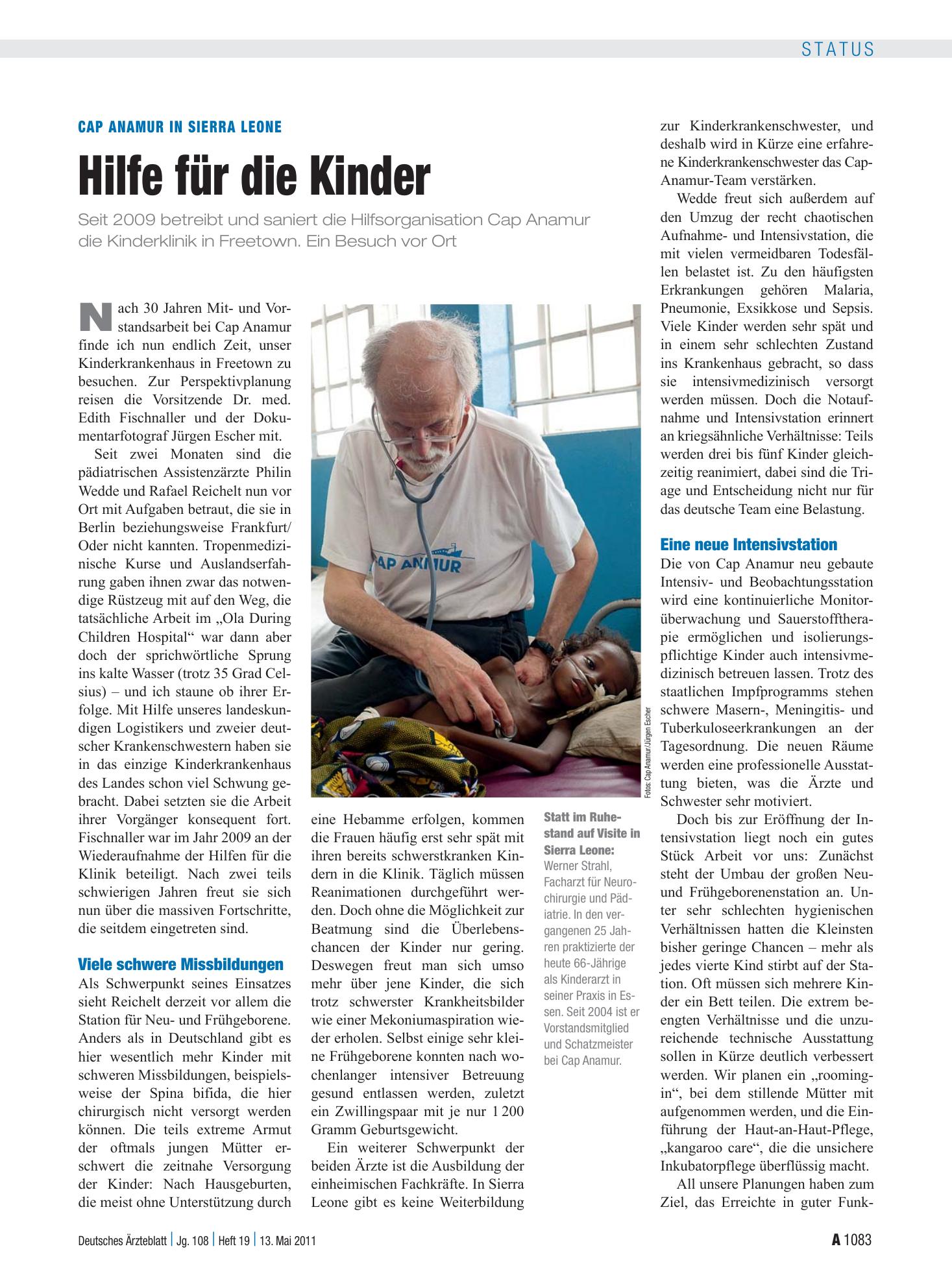 Vorschauseite 1: Cap Anamur in Sierra Leone: Hilfe für die Kinder – Deutsches Ärzteblatt