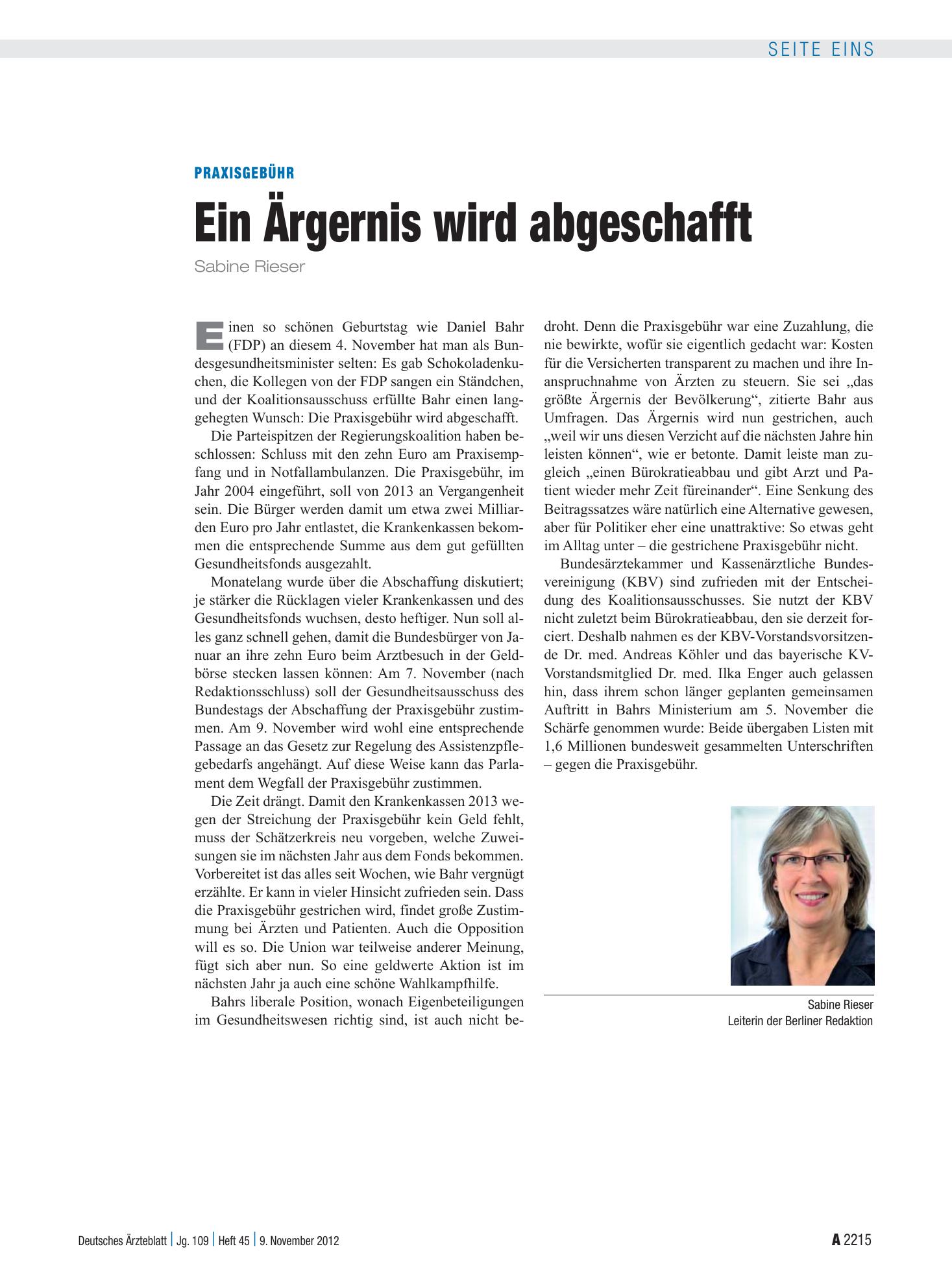 Vorschauseite 1: Praxisgebühr: Ein Ärgernis wird abgeschafft – Deutsches Ärzteblatt
