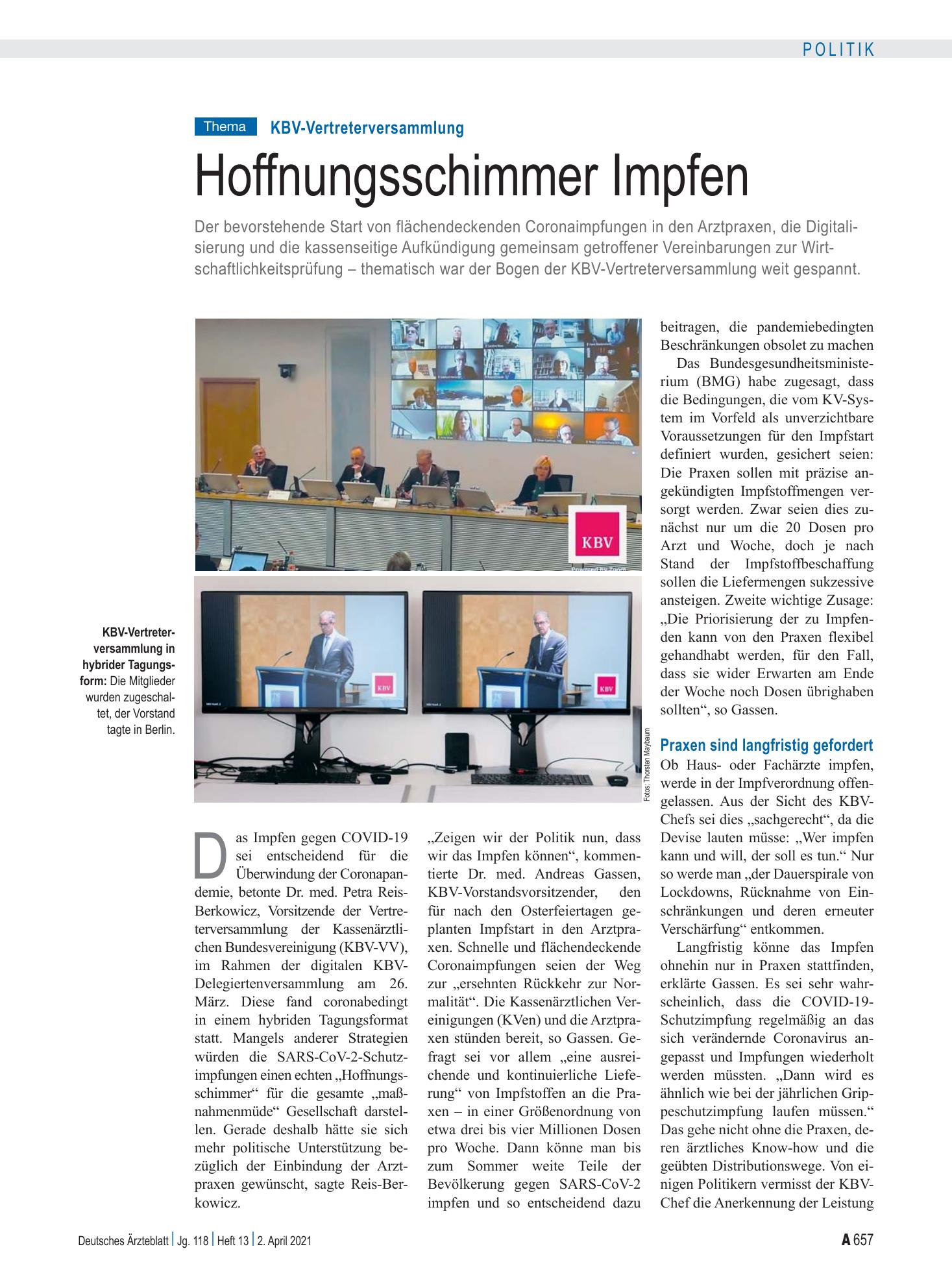 Vorschauseite 1: KBV-Vertreterversammlung: Hoffnungsschimmer Impfen – Deutsches Ärzteblatt