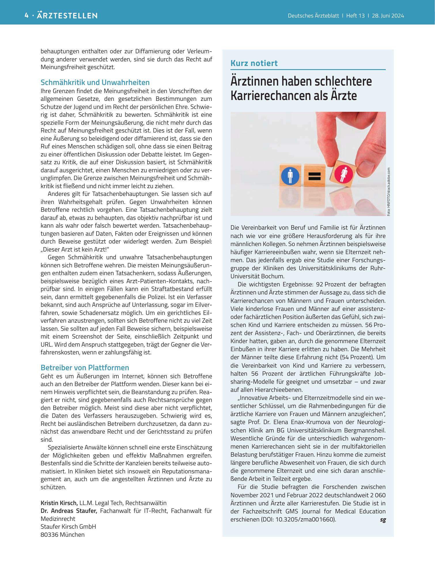 Vorschauseite 1: Ärztinnen haben schlechtere Karrierechancen als Ärzte – Deutsches Ärzteblatt