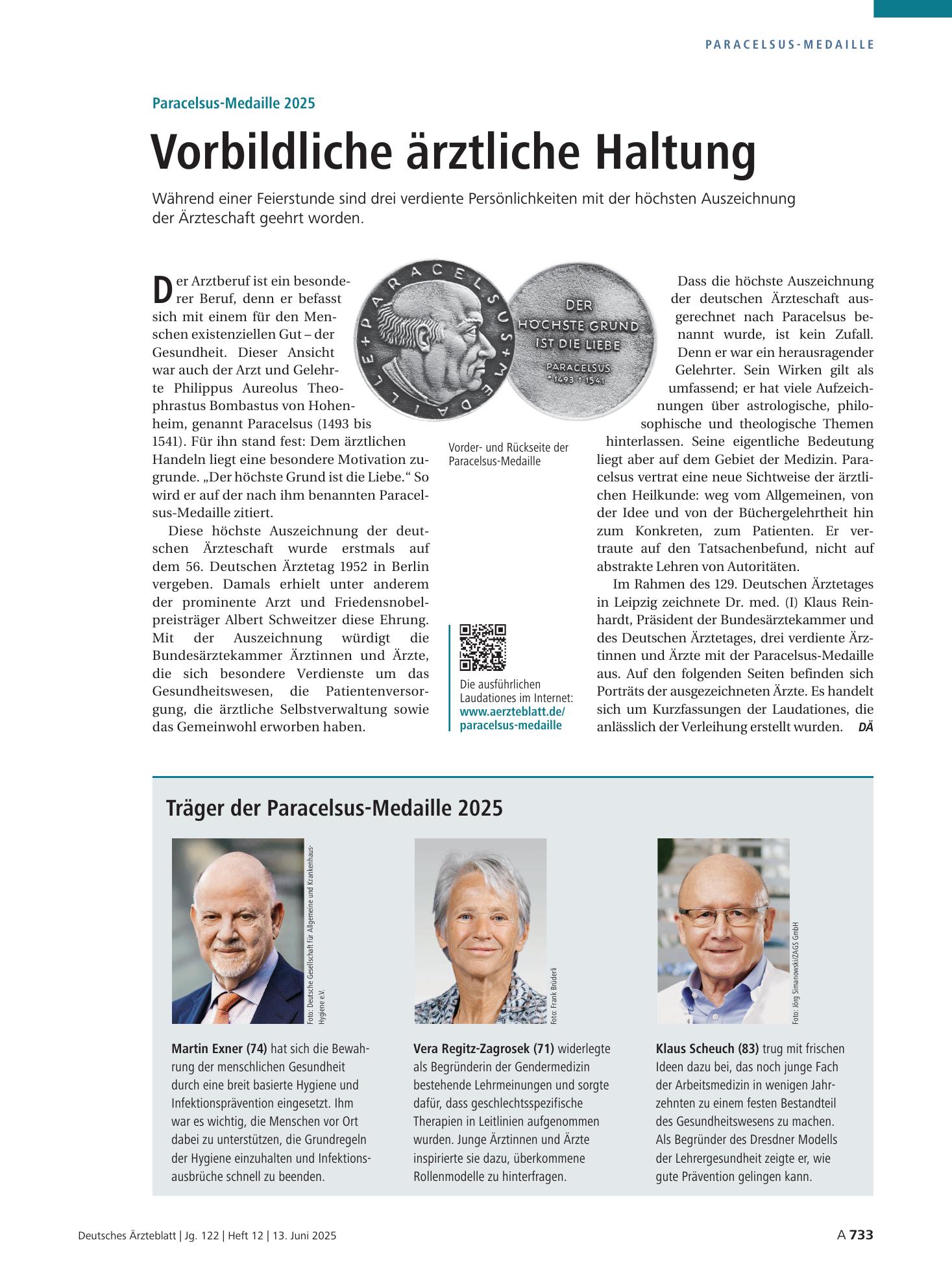 Vorschauseite 1: Paracelsus-Medaille 2025: Vorbildliche ärztliche Haltung – Deutsches Ärzteblatt