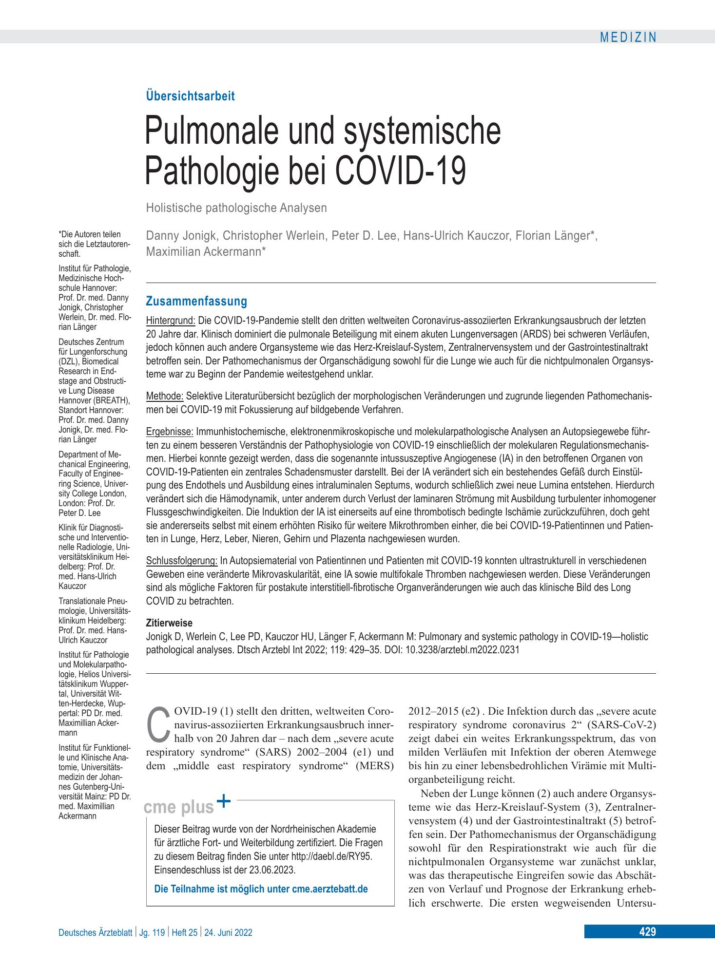 Vorschauseite 1: Pulmonale und systemische Pathologie bei COVID-19 – Deutsches Ärzteblatt