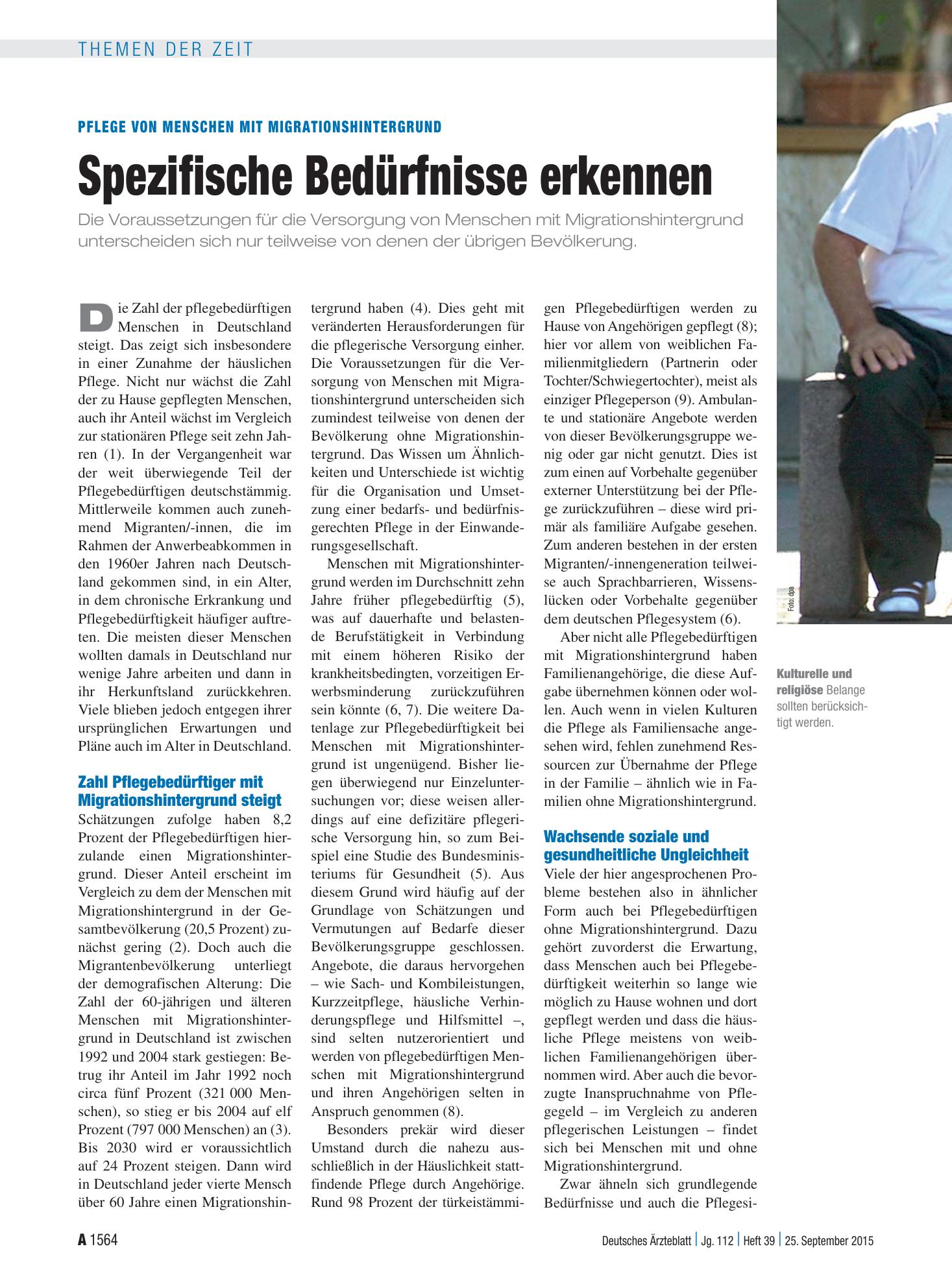 Vorschauseite 1: Pflege von Menschen mit Migrationshintergrund: Spezifische Bedürfnisse erkennen – Deutsches Ärzteblatt