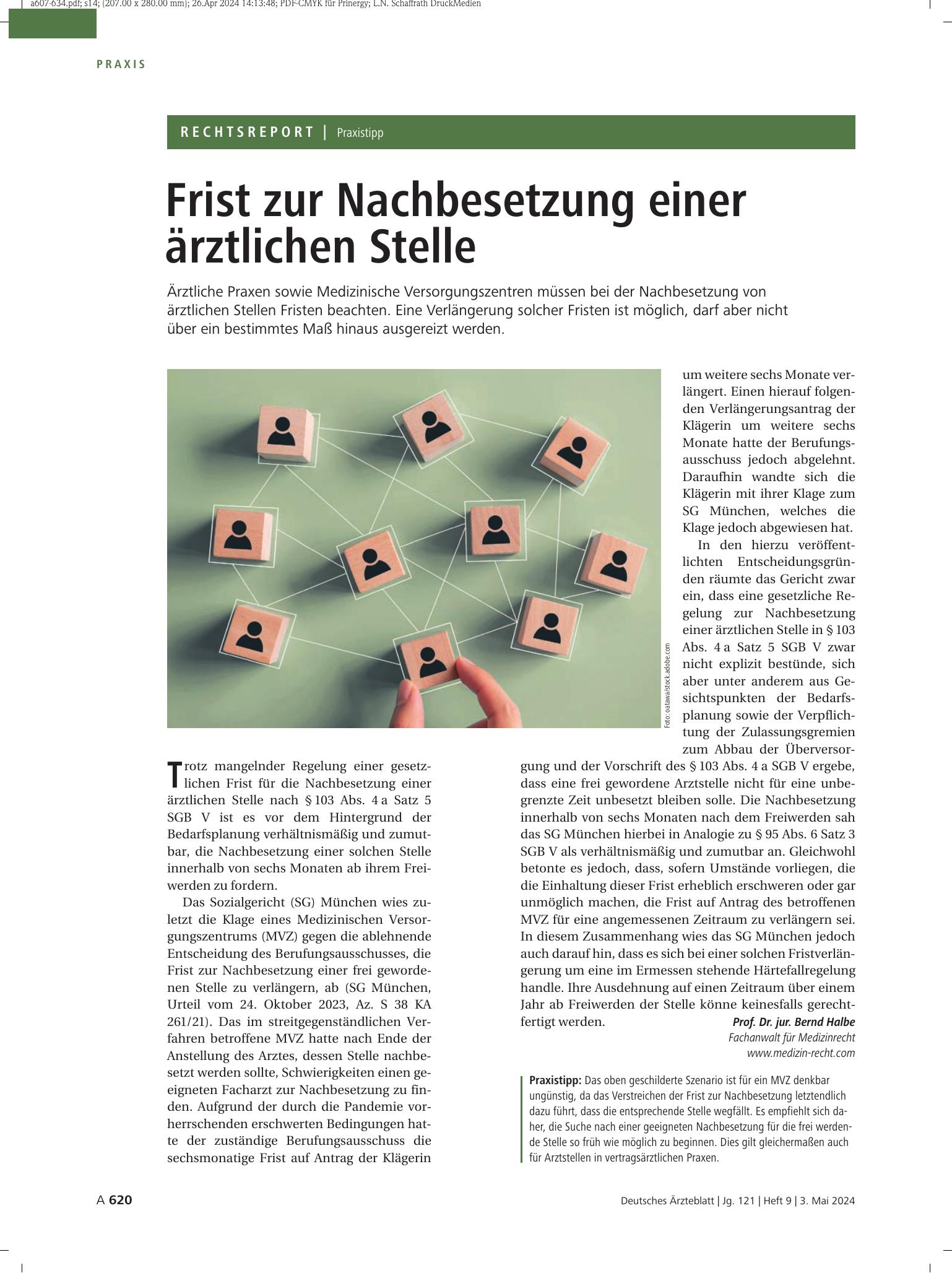 Vorschauseite 1: Praxistipp: Frist zur Nachbesetzung einer ärztlichen Stelle – Deutsches Ärzteblatt