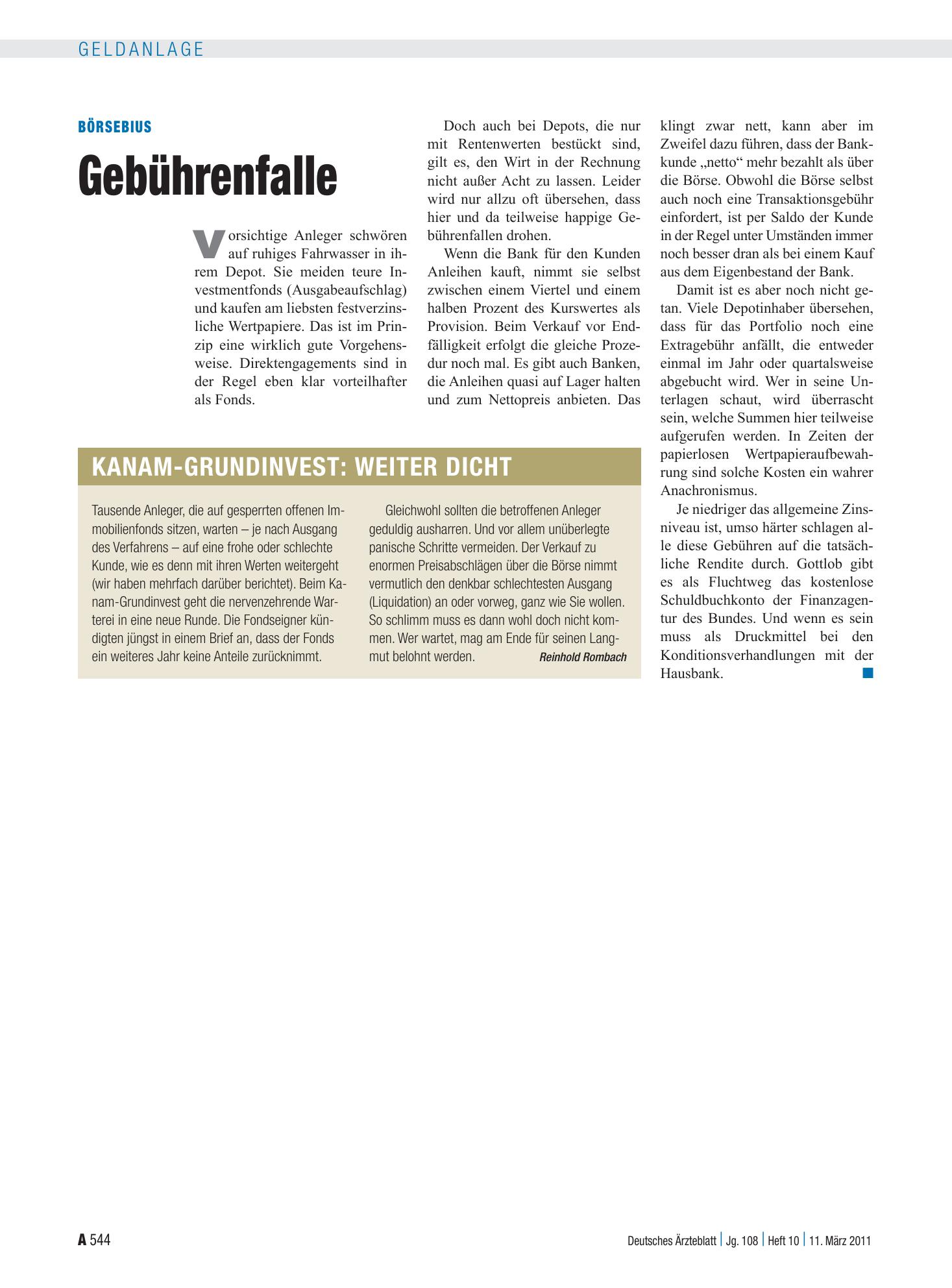 Vorschauseite 1: Börsebius: Gebührenfalle – Deutsches Ärzteblatt