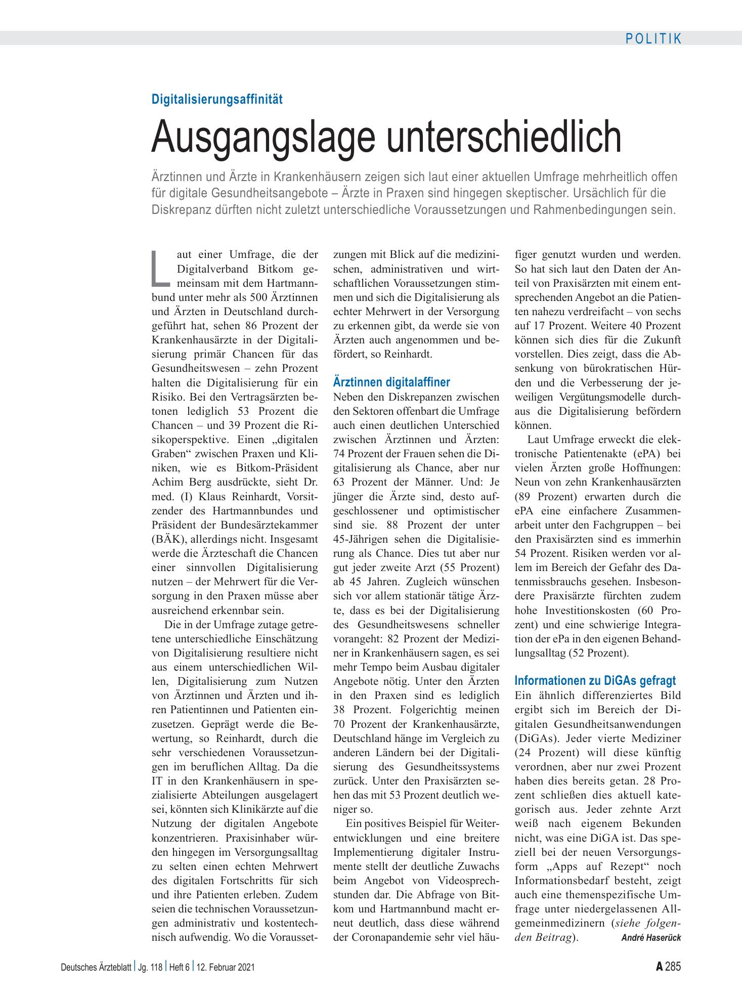 Vorschauseite 1: Digitalisierungsaffinität: Ausgangslage unterschiedlich – Deutsches Ärzteblatt