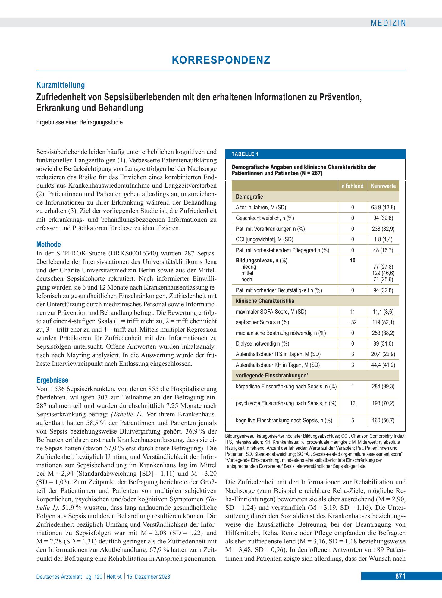 Vorschauseite 1: Zufriedenheit von Sepsisüberlebenden mit den erhaltenen Informationen zu Prävention, Erkrankung und Behandlung – Deutsches Ärzteblatt