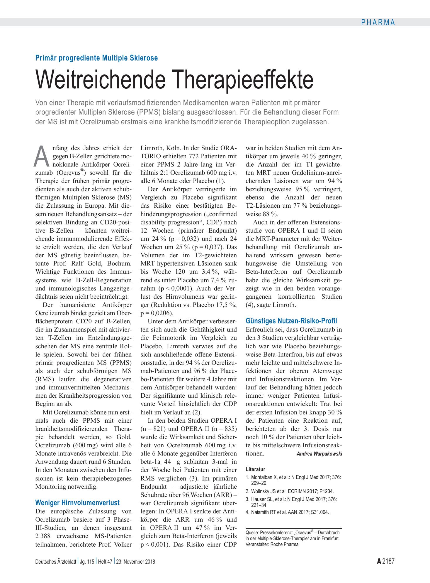 Vorschauseite 1: Primär progrediente Multiple Sklerose: Weitreichende Therapieeffekte – Deutsches Ärzteblatt