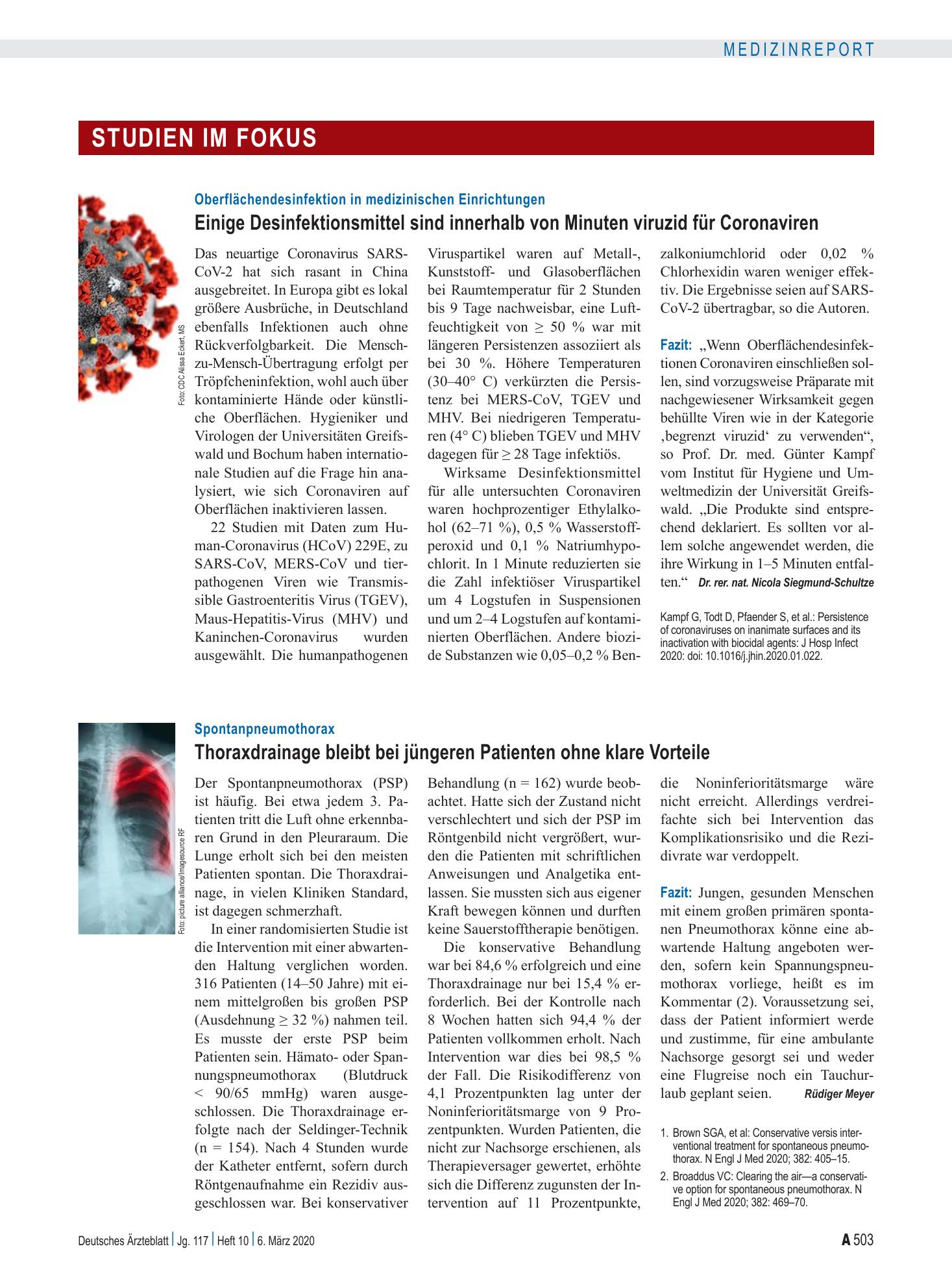 Vorschauseite 1: Oberflächendesinfektion in medizinischen Einrichtungen: Einige Desinfektionsmittel sind innerhalb von Minuten viruzid für Coronaviren – Deutsches Ärzteblatt