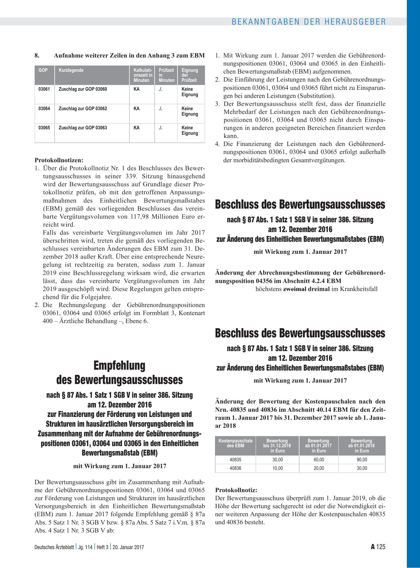 Vorschauseite 1: Beschluss des Bewertungsausschusses nach § 87 Abs. 1 Satz 1 SGB V in seiner 386. Sitzung am 12. Dezember 2016 zur Änderung des Einheitlichen Bewertungsmaßstabes (EBM) – Deutsches…