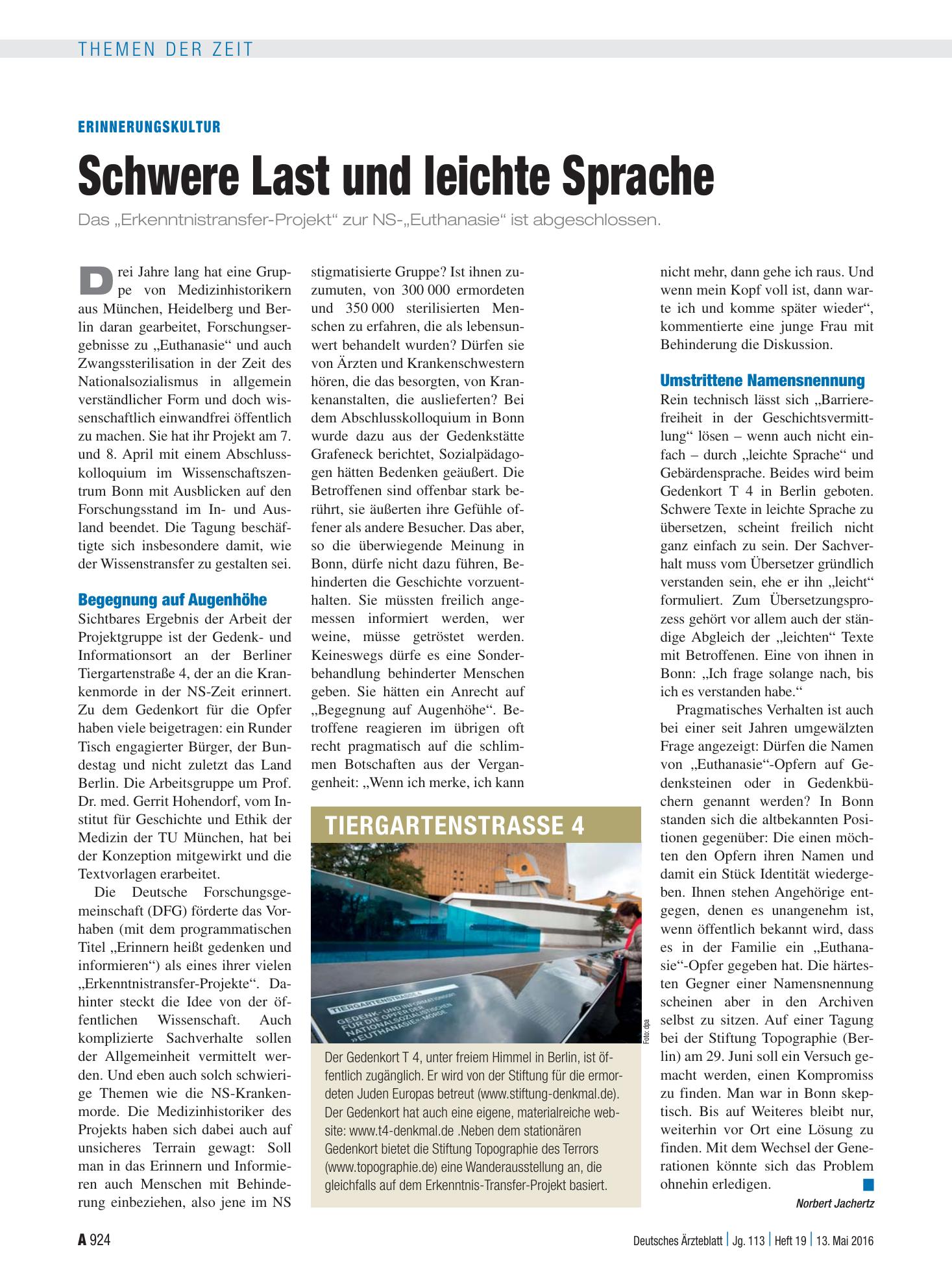 Vorschauseite 1: Erinnerungskultur: Schwere Last und leichte Sprache – Deutsches Ärzteblatt
