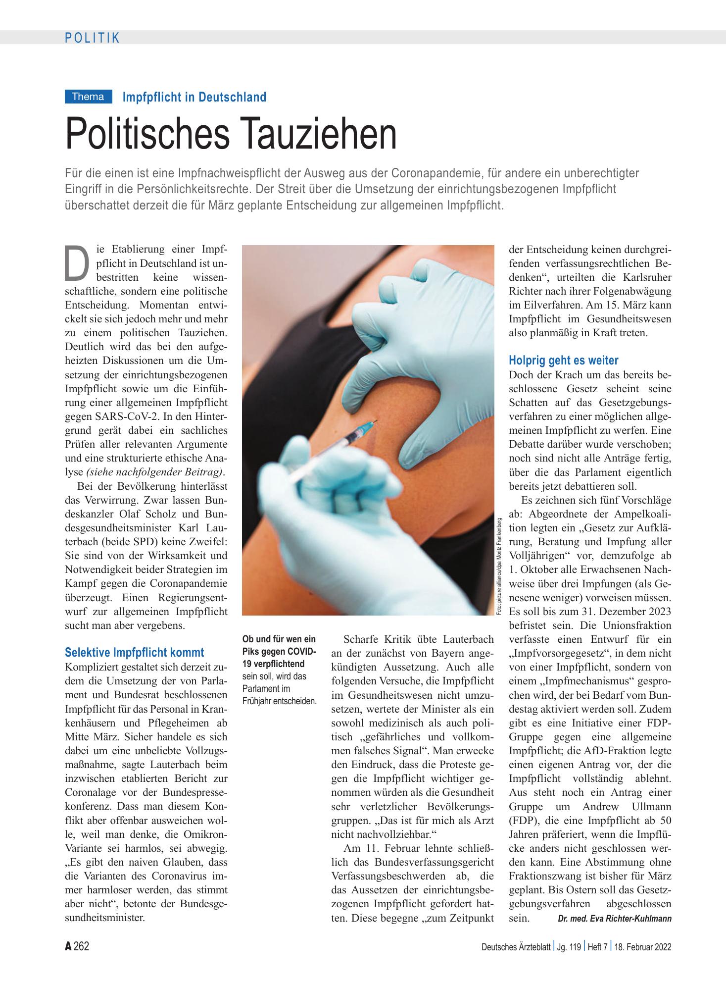 Vorschauseite 1: Impfpflicht in Deutschland: Politisches Tauziehen – Deutsches Ärzteblatt