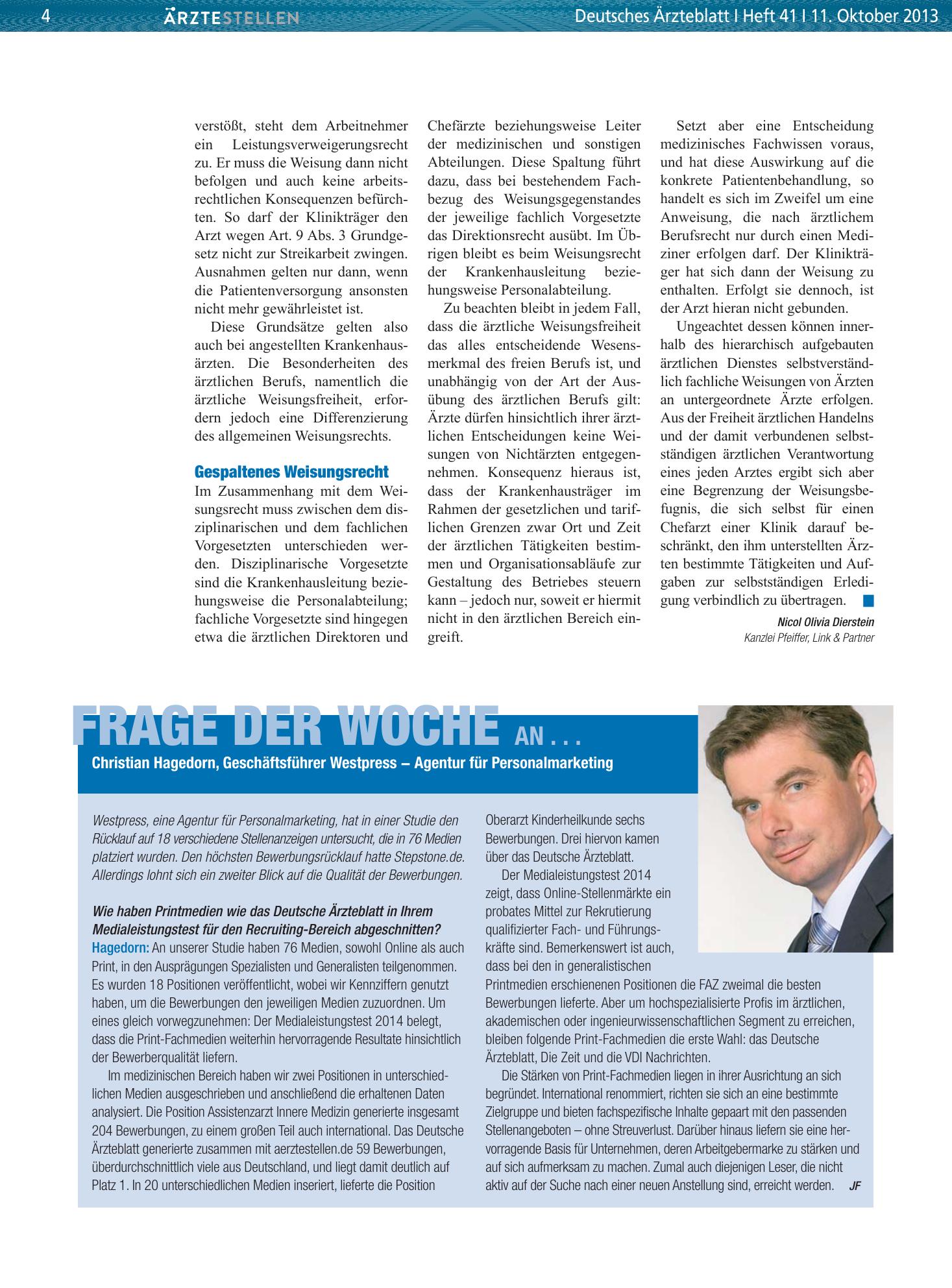 Vorschauseite 1: Frage der Woche an . . . Christian Hagedorn, Geschäftsführer Westpress - Agentur für Personalmarketing – Deutsches Ärzteblatt