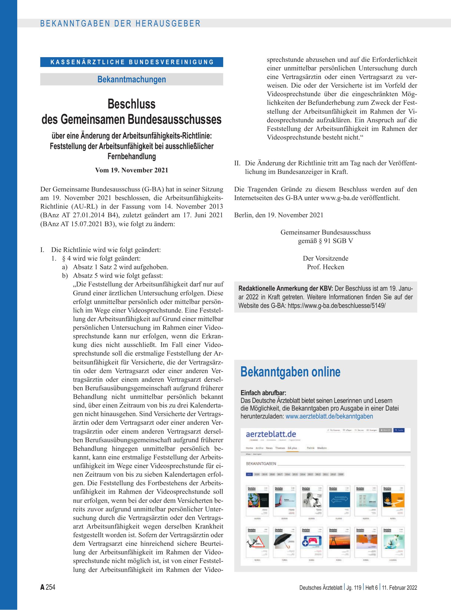 Vorschauseite 1: Bekanntgaben online – Deutsches Ärzteblatt