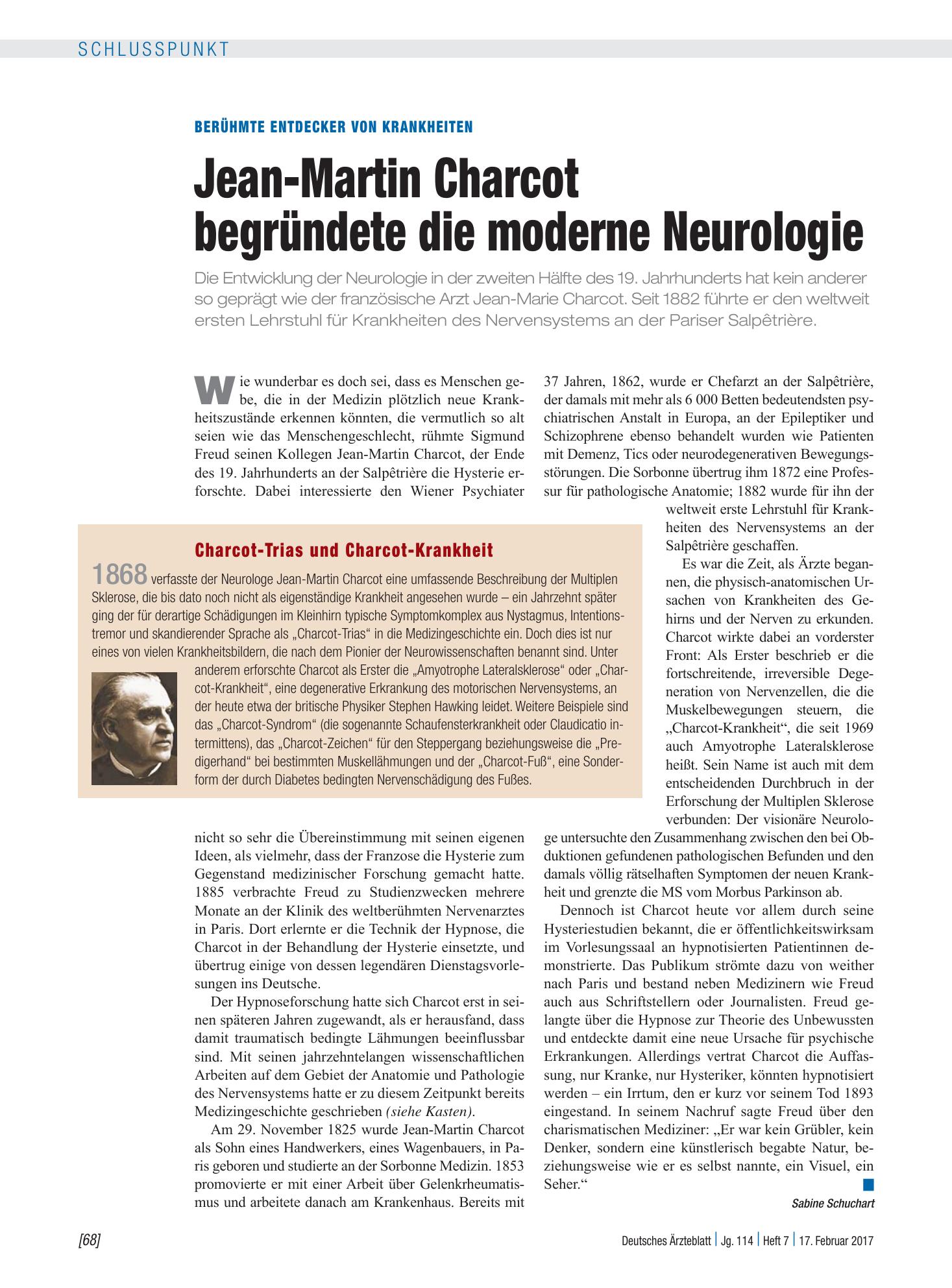 Vorschauseite 1: Berühmte Entdecker von Krankheiten: Jean-Martin Charcot begründete die moderne Neurologie – Deutsches Ärzteblatt