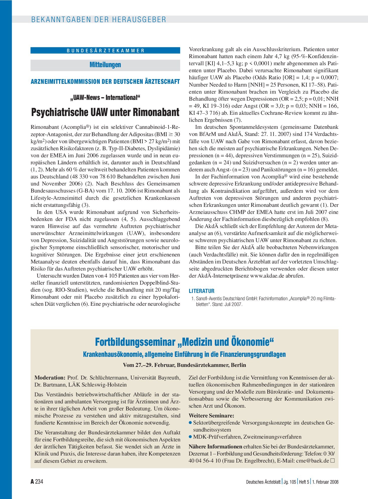 Vorschauseite 1: Arzneimittelkommission der deutschen Ärzteschaft „UAW-News – International“ Psychiatrische UAW unter Rimonabant – Deutsches Ärzteblatt