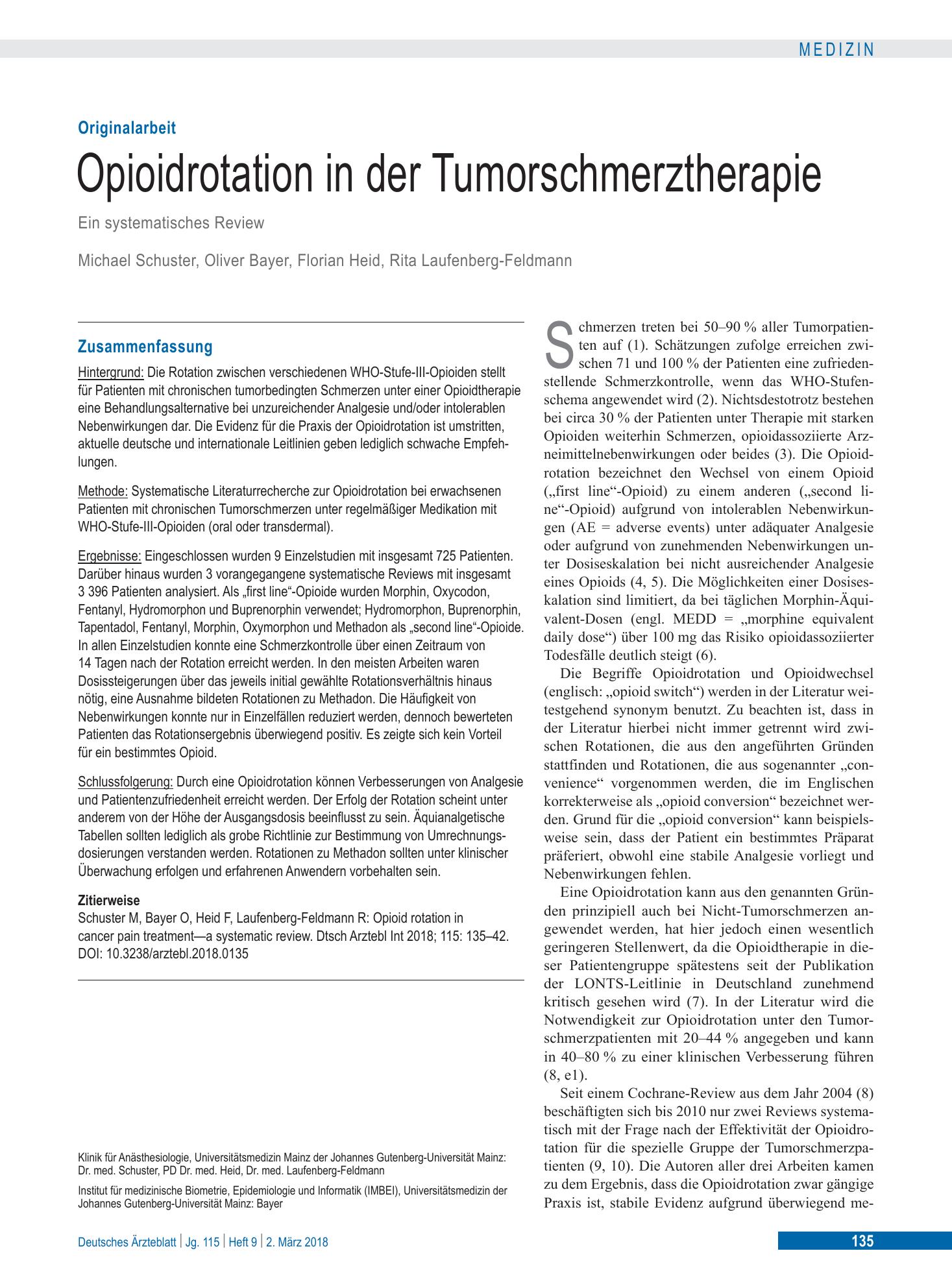 Vorschauseite 1: Opioidrotation in der Tumorschmerztherapie – Deutsches Ärzteblatt