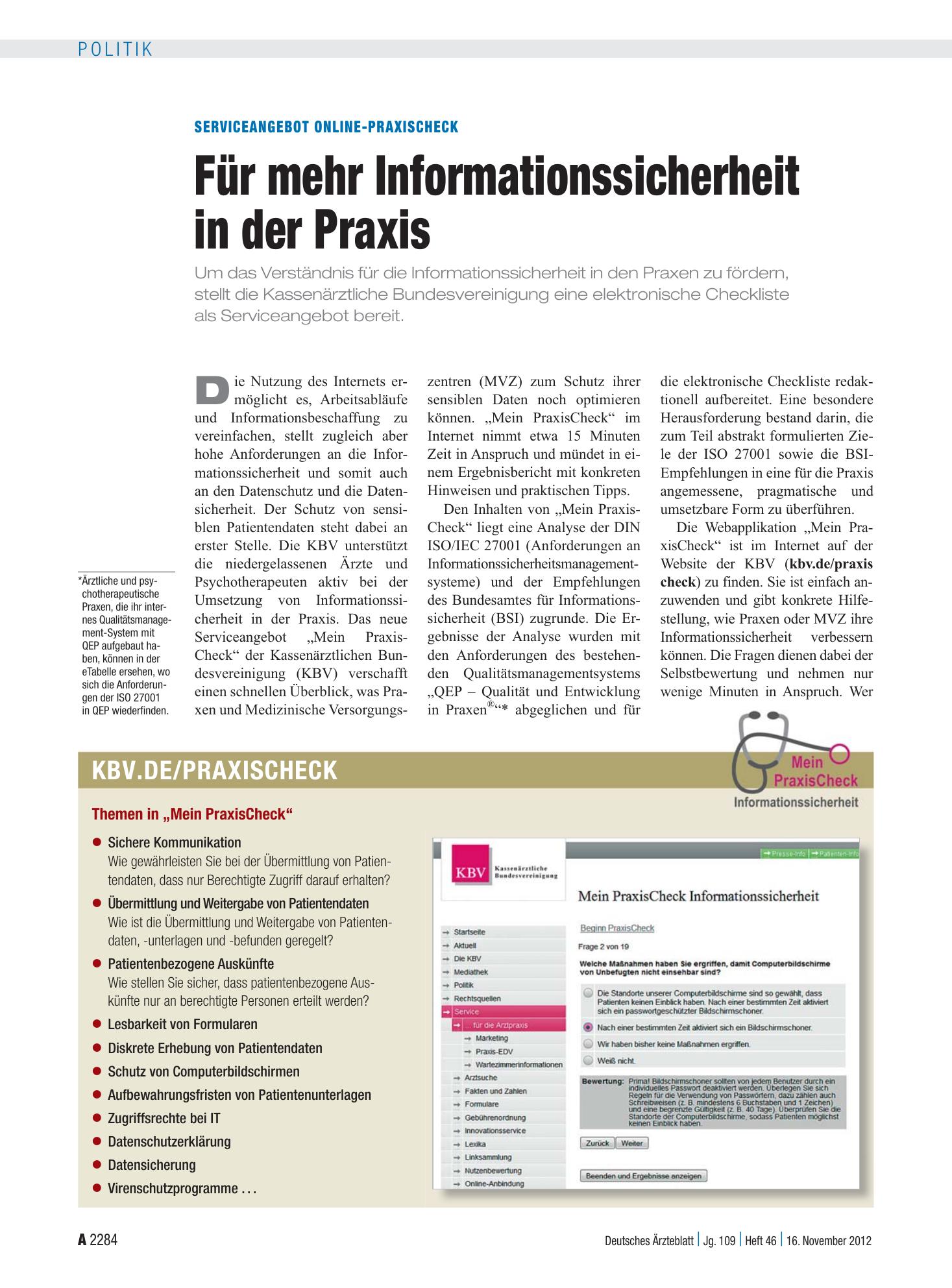 Vorschauseite 1: Serviceangebot Online-Praxischeck: Für mehr Informationssicherheit in der Praxis – Deutsches Ärzteblatt