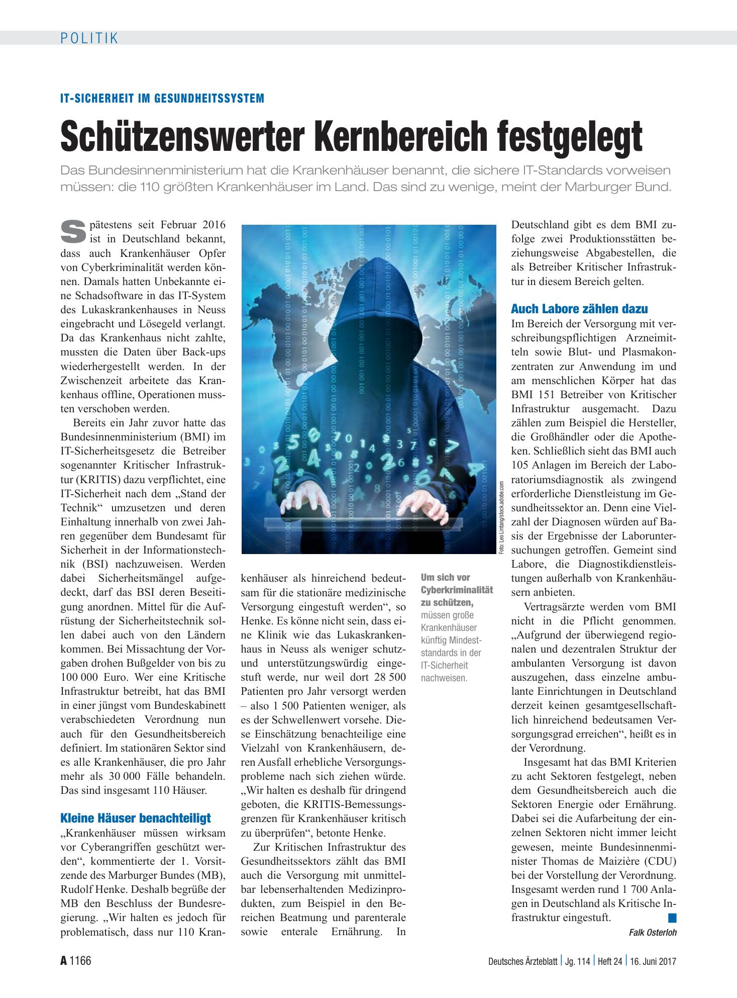 Vorschauseite 1: IT-Sicherheit im Gesundheitssystem: Schützenswerter Kernbereich festgelegt – Deutsches Ärzteblatt