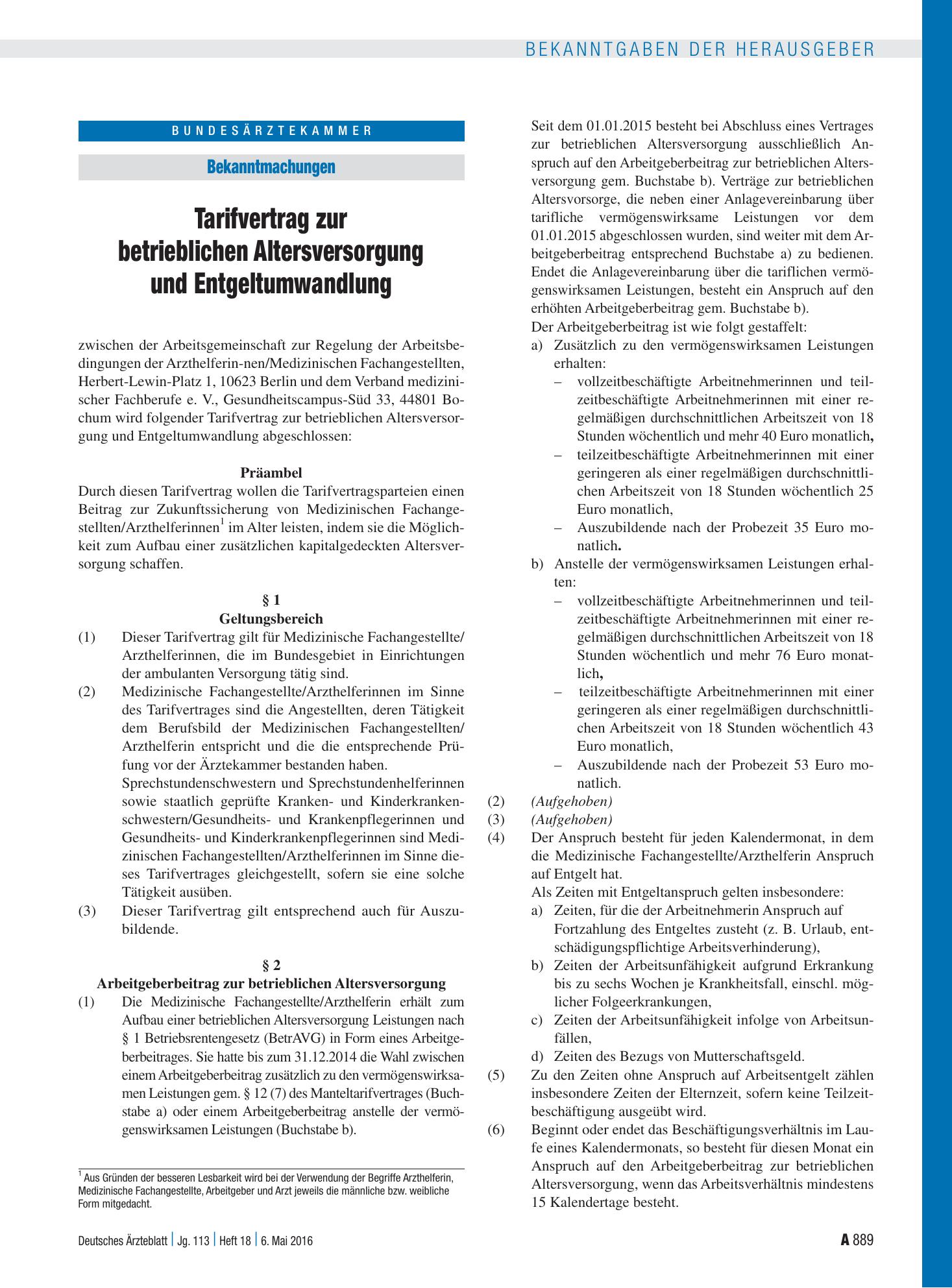 Vorschauseite 1: Tarifvertrag zur betrieblichen Altersversorgung und Entgeltumwandlung – Deutsches Ärzteblatt