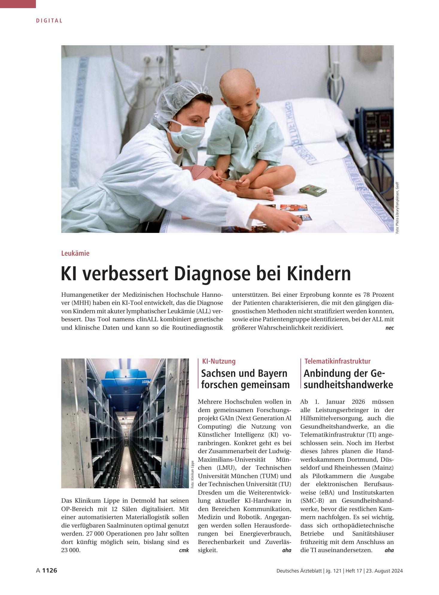 Vorschauseite 1: Leukämie: KI verbessert Diagnose bei Kindern – Deutsches Ärzteblatt