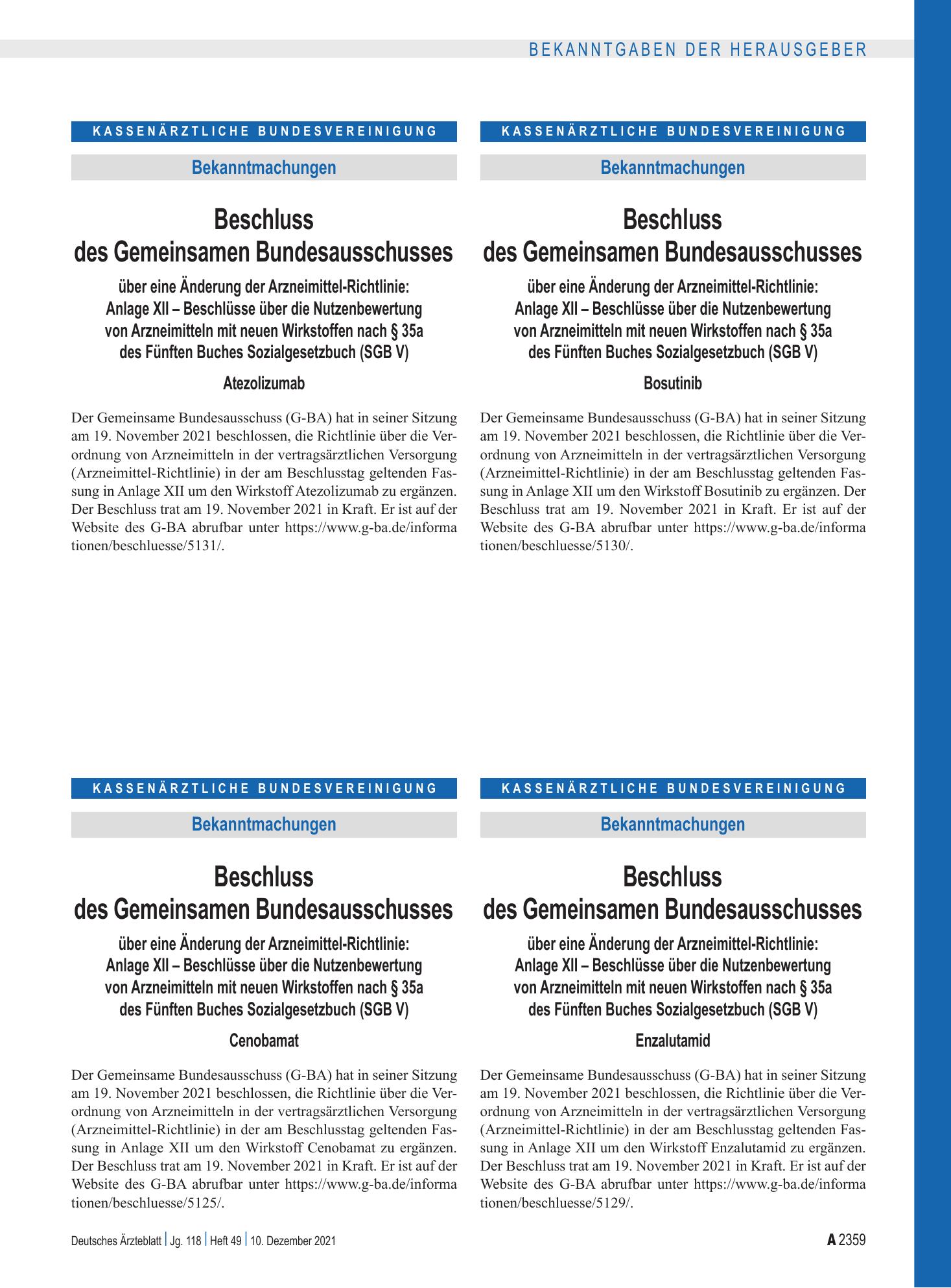 Vorschauseite 1: Beschluss des Gemeinsamen Bundesausschusses über eine Änderung der Arzneimittel-Richtlinie: Bosutinib – Deutsches Ärzteblatt