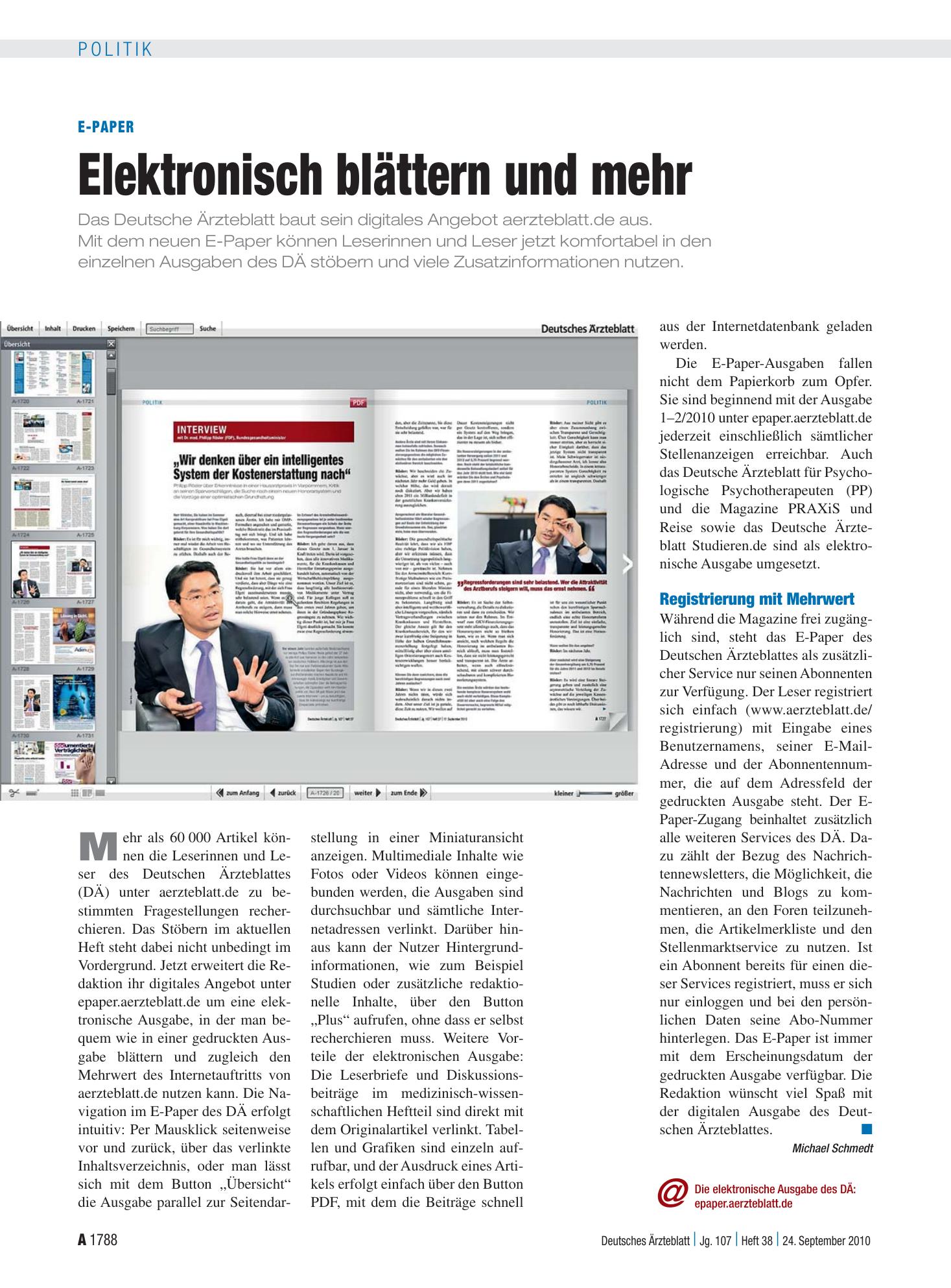 Vorschauseite 1: E-Paper: Elektronisch blättern und mehr – Deutsches Ärzteblatt