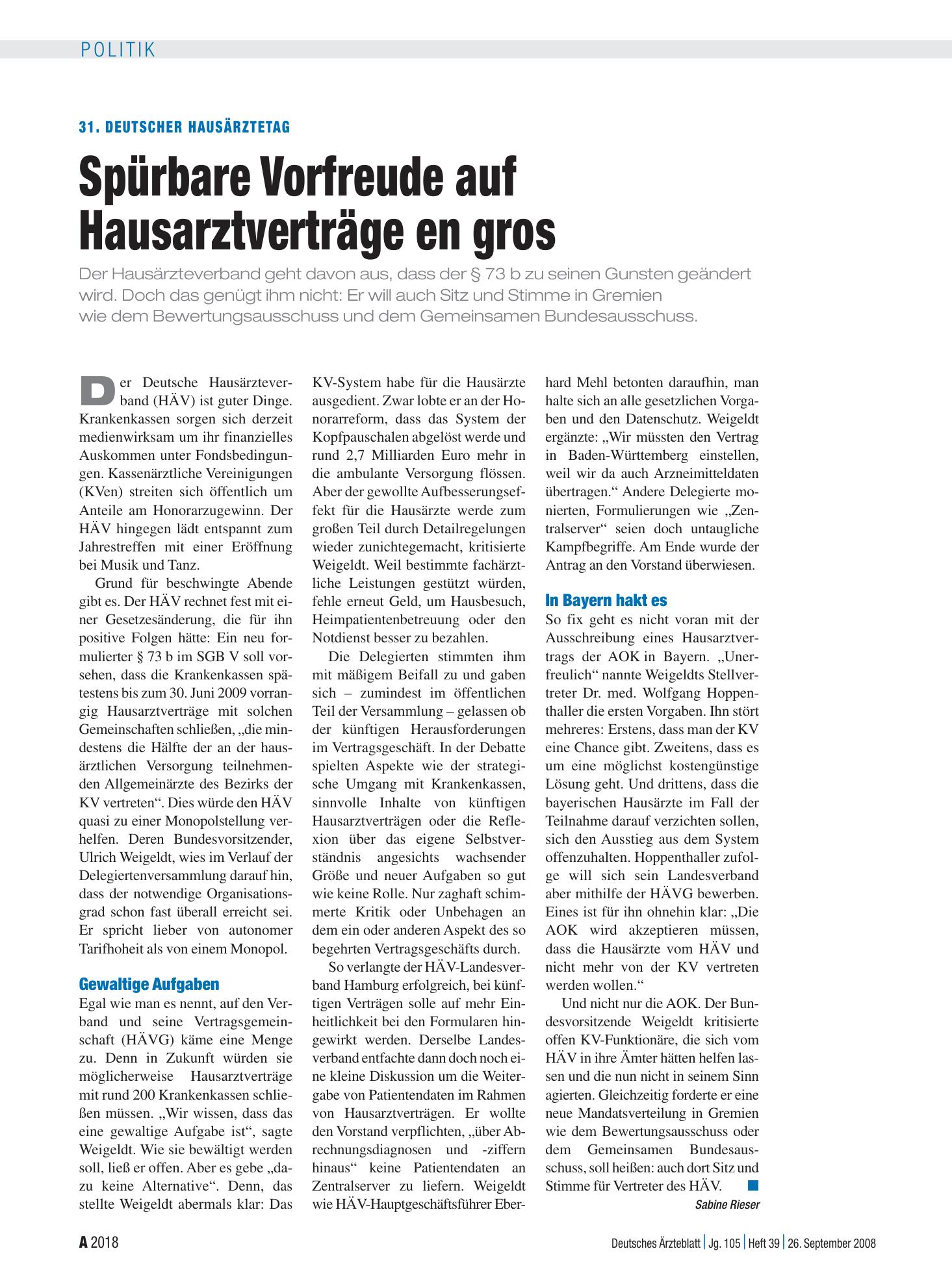 Vorschauseite 1: 31. Deutscher Hausärztetag: Spürbare Vorfreude auf Hausarztverträge en gros – Deutsches Ärzteblatt