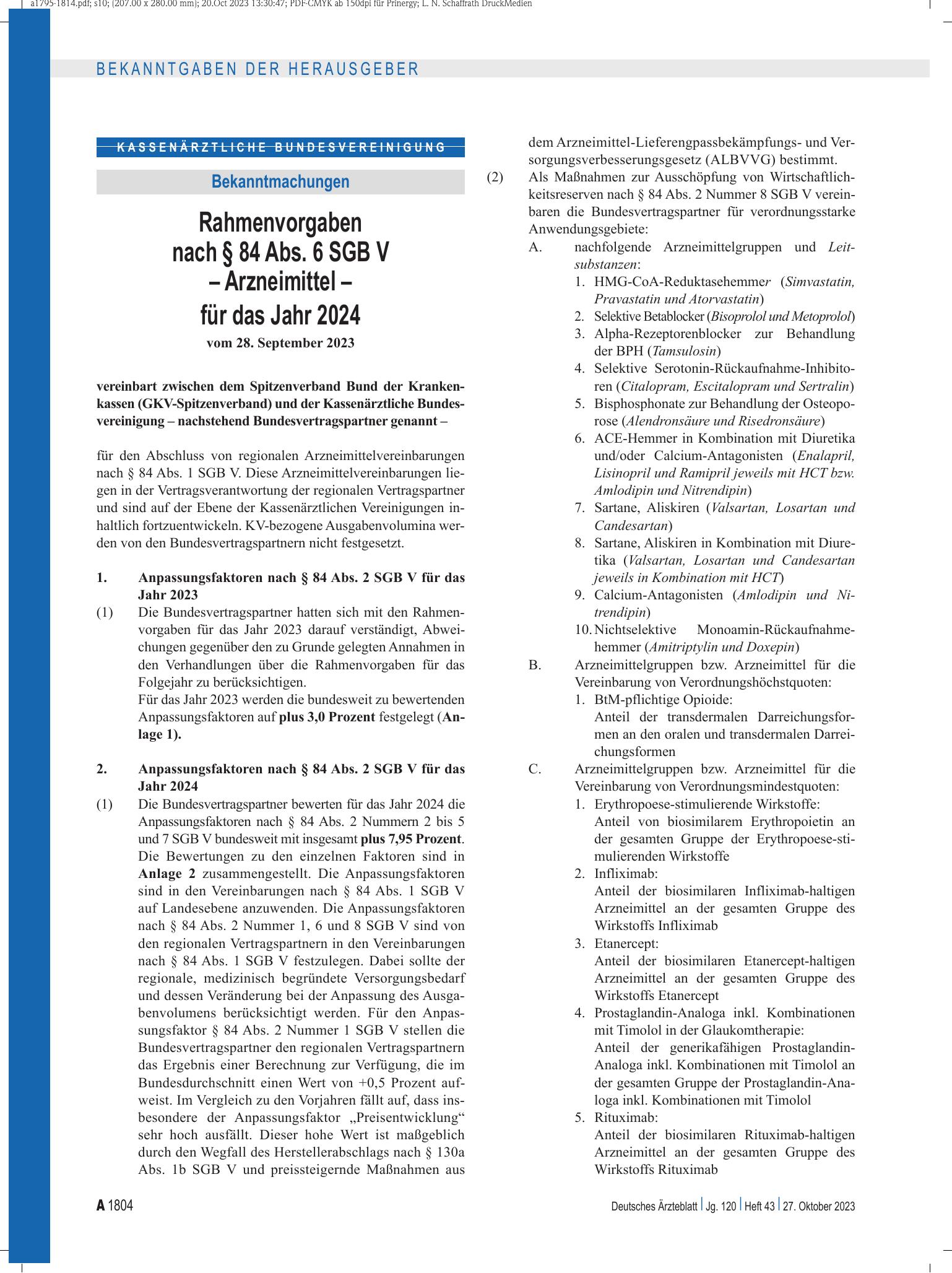 Vorschauseite 1: Rahmenvorgaben nach § 84 Abs. 6 SGB V – Arzneimittel – für das Jahr 2024 – Deutsches Ärzteblatt