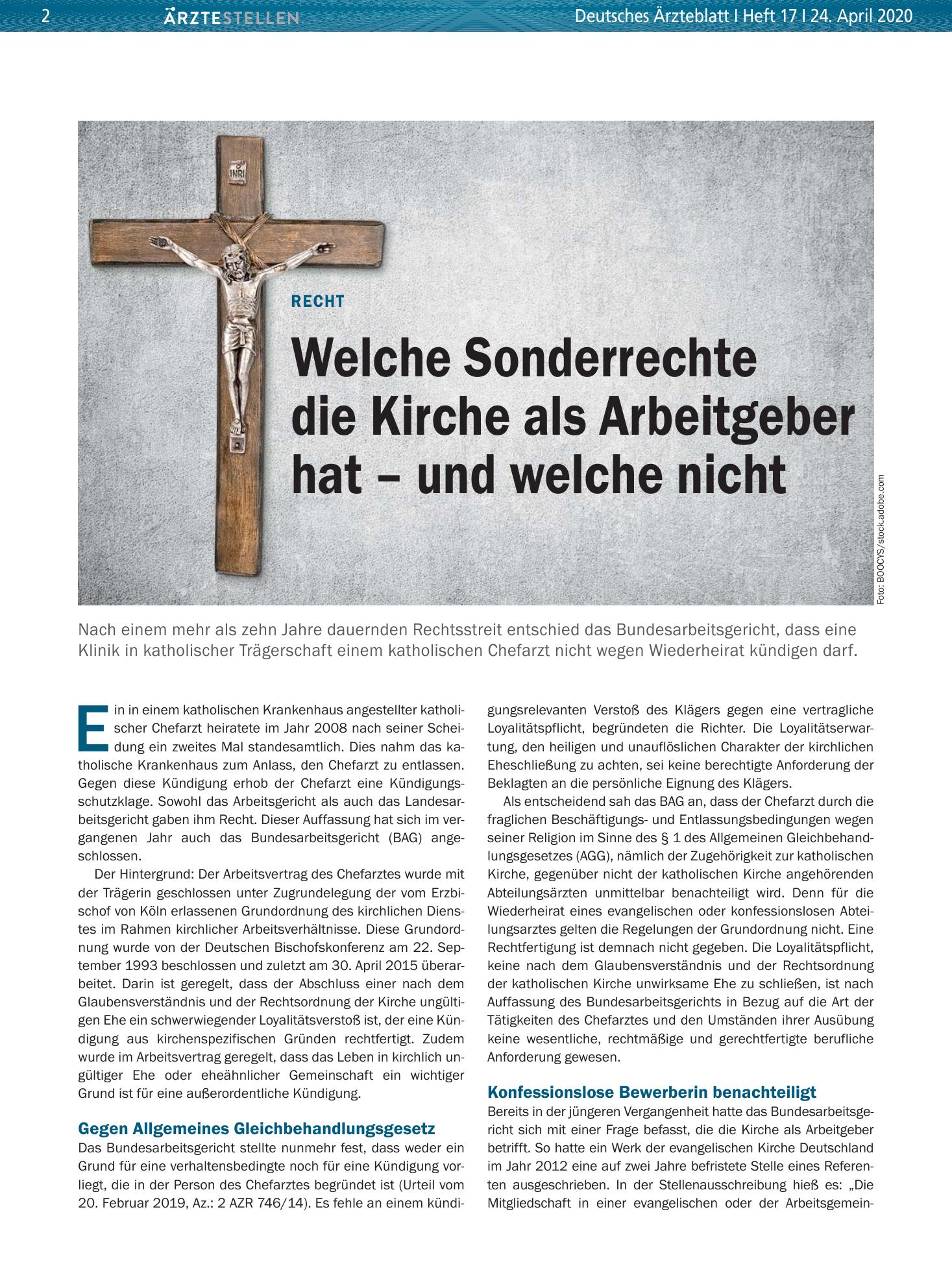 Vorschauseite 1: Recht: Welche Sonderrechte die Kirche als Arbeitgeber hat – und welche nicht – Deutsches Ärzteblatt