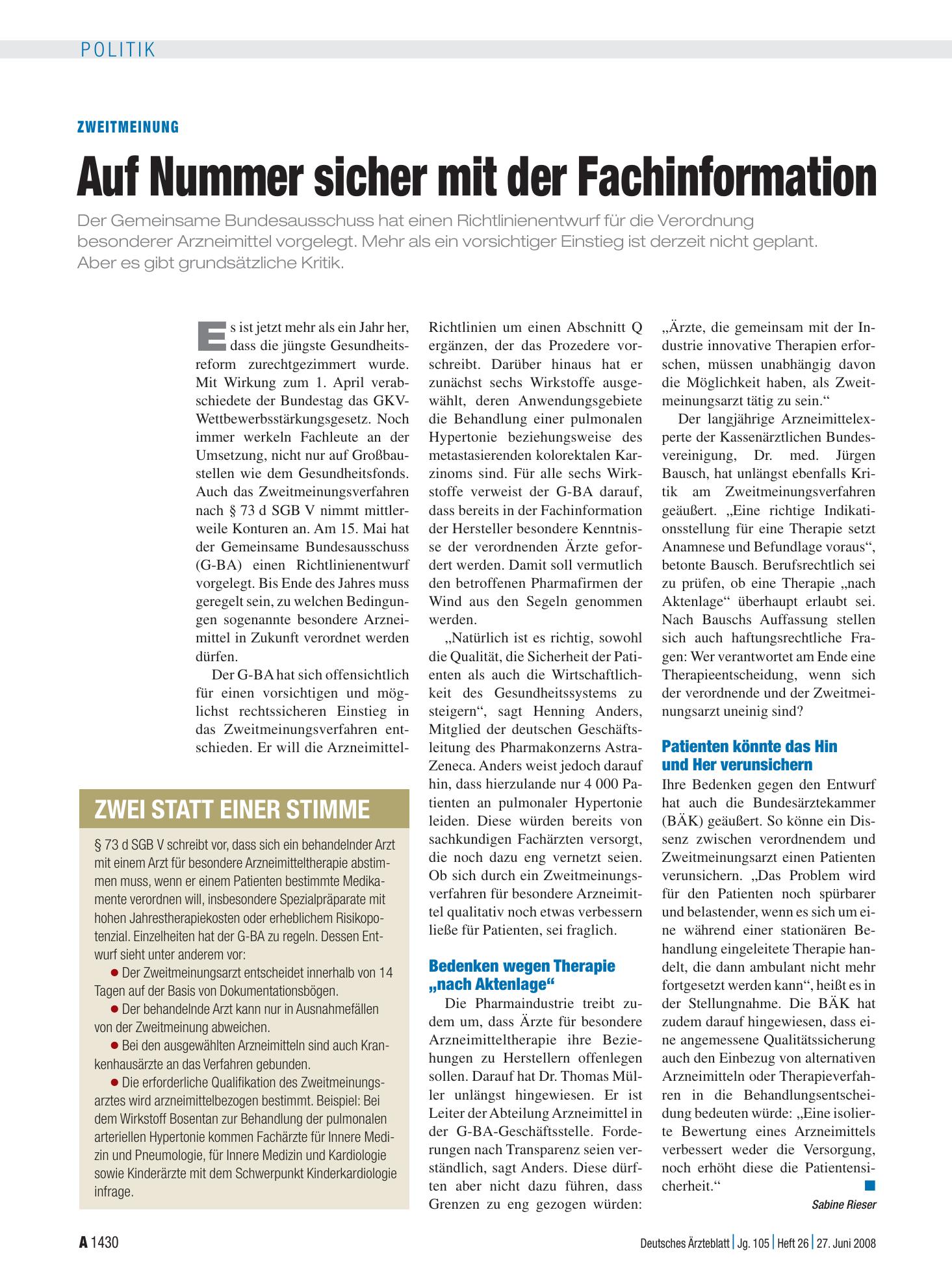 Vorschauseite 1: Zweitmeinung: Auf Nummer sicher mit der Fachinformation – Deutsches Ärzteblatt