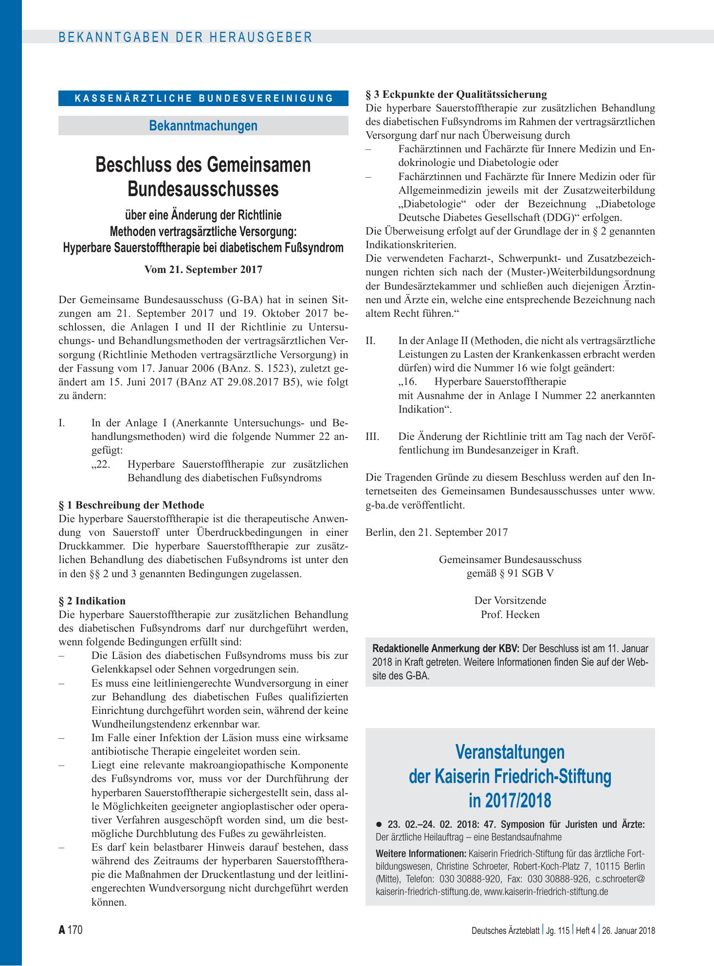 Vorschauseite 1: Beschluss des Gemeinsamen Bundesausschusses über eine Änderung der Richtlinie Methoden vertragsärztliche Versorgung: Hyperbare Sauerstofftherapie bei diabetischem Fußsyndrom – Deu…