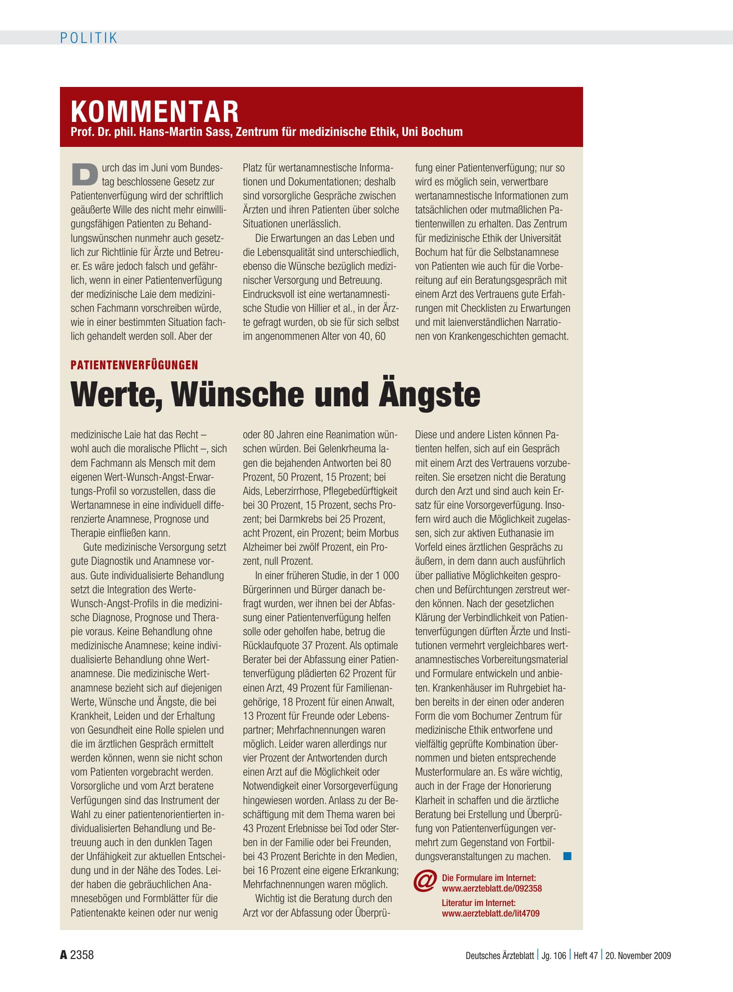 Vorschauseite 1: Patientenverfügungen: Werte, Wünsche und Ängste – Deutsches Ärzteblatt