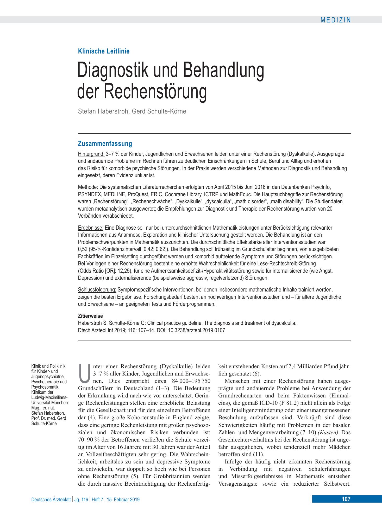 Vorschauseite 1: Diagnostik und Behandlung der Rechenstörung – Deutsches Ärzteblatt