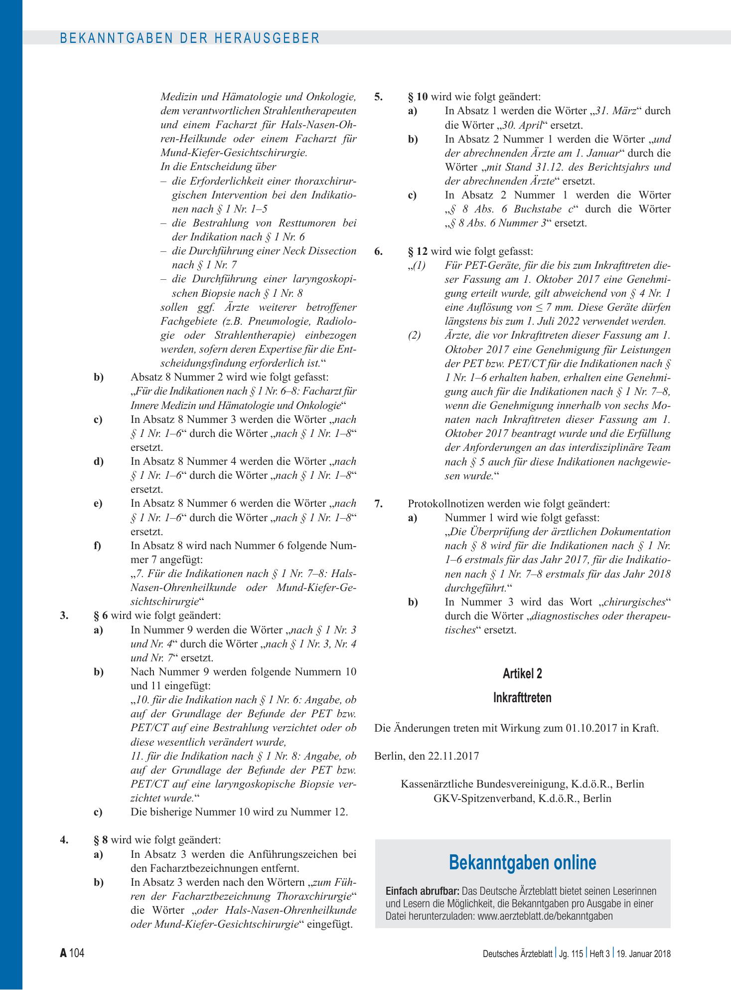 Vorschauseite 1: Bekanntgaben online – Deutsches Ärzteblatt
