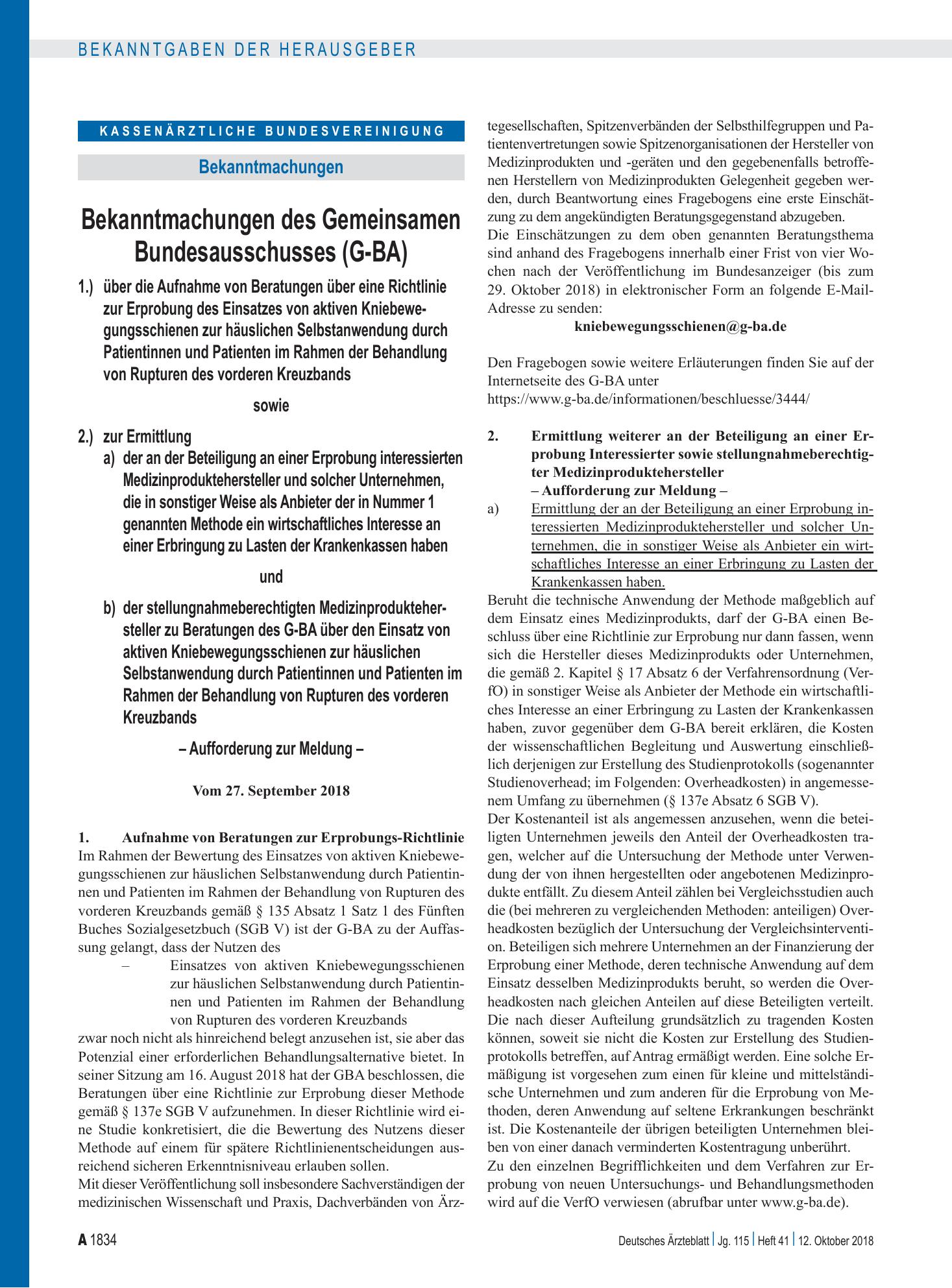 Vorschauseite 1: Bekanntmachungen des Gemeinsamen Bundesausschusses (G-BA) – Deutsches Ärzteblatt