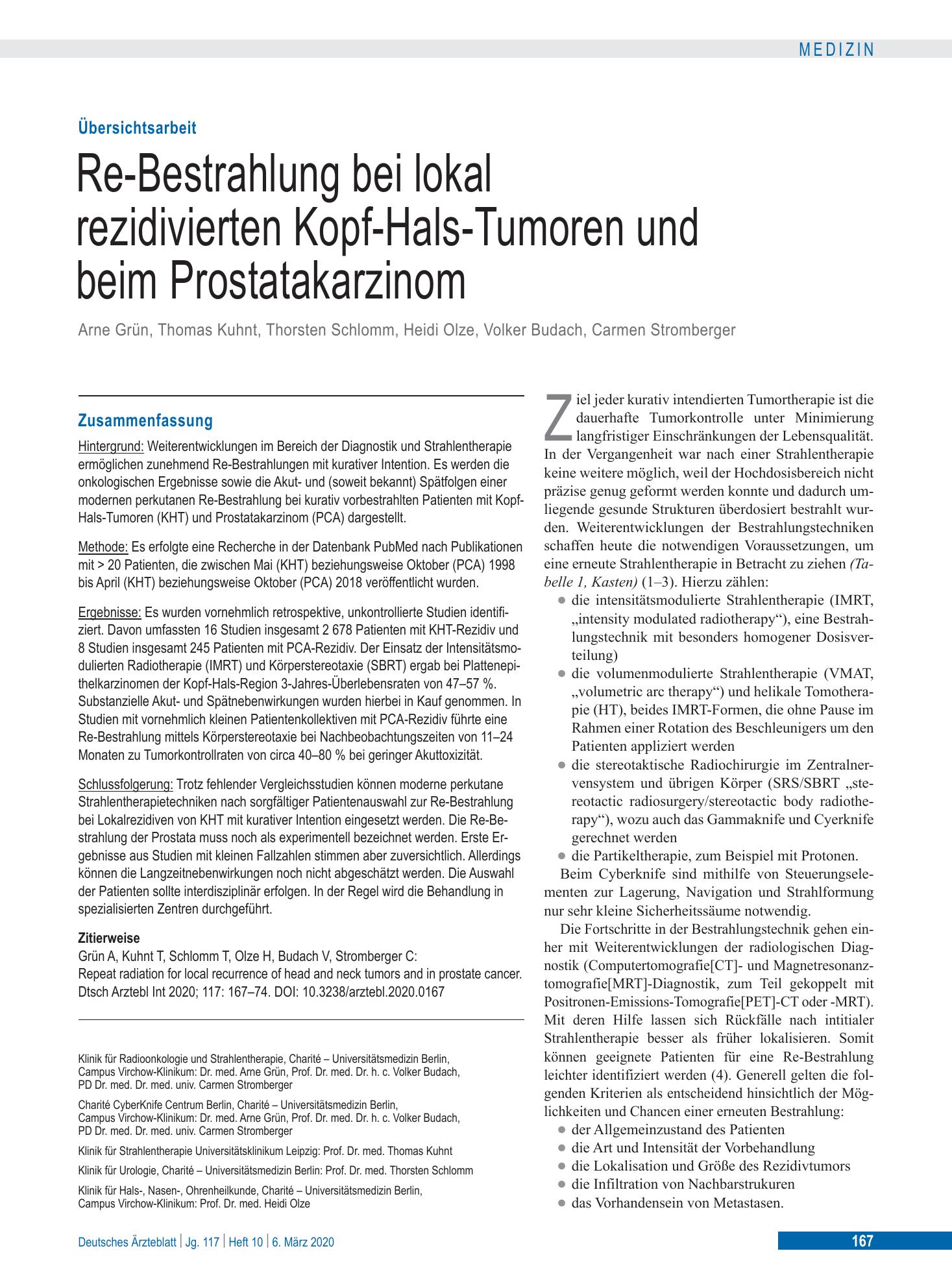 Vorschauseite 1: Re-Bestrahlung bei lokal rezidivierten Kopf-Hals-Tumoren und beim Prostatakarzinom – Deutsches Ärzteblatt