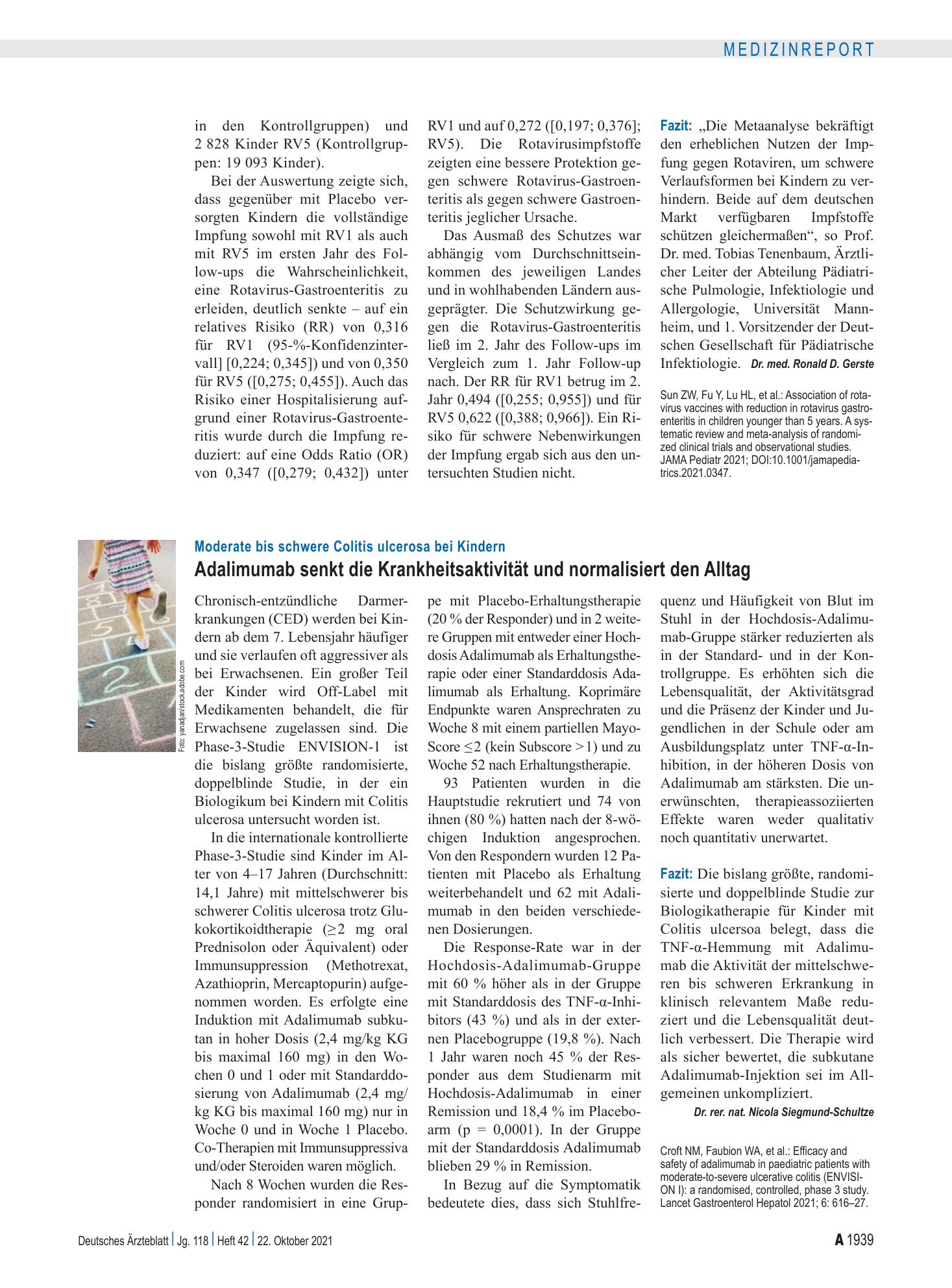 Vorschauseite 1: Moderate bis schwere Colitis ulcerosa bei Kindern: Adalimumab senkt die Krankheitsaktivität und normalisiert den Alltag – Deutsches Ärzteblatt