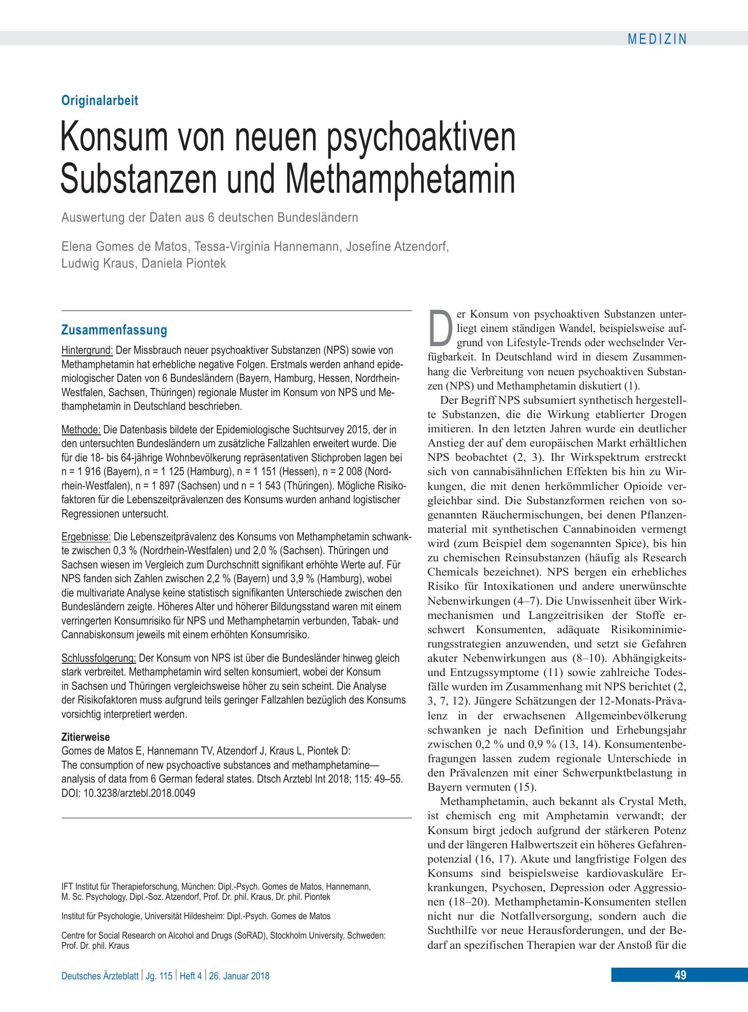 Vorschauseite 1: Konsum von neuen psychoaktiven Substanzen und Methamphetamin – Deutsches Ärzteblatt