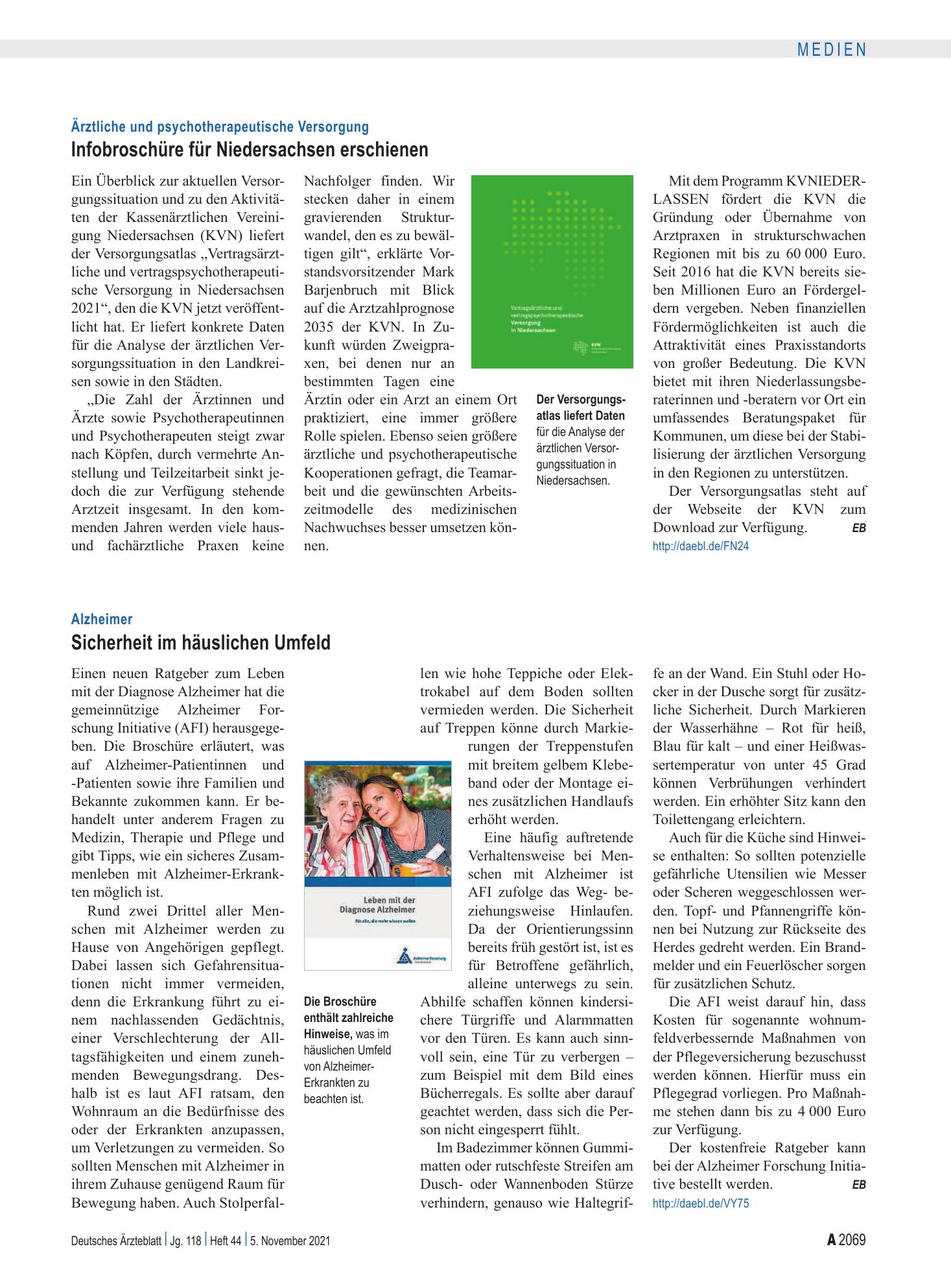 Vorschauseite 1: Alzheimer: Sicherheit im häuslichen Umfeld – Deutsches Ärzteblatt