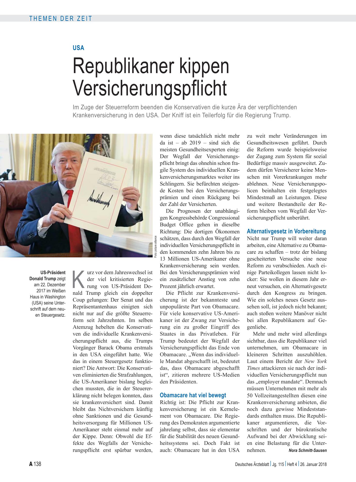 Vorschauseite 1: USA: Republikaner kippen Versicherungspflicht – Deutsches Ärzteblatt