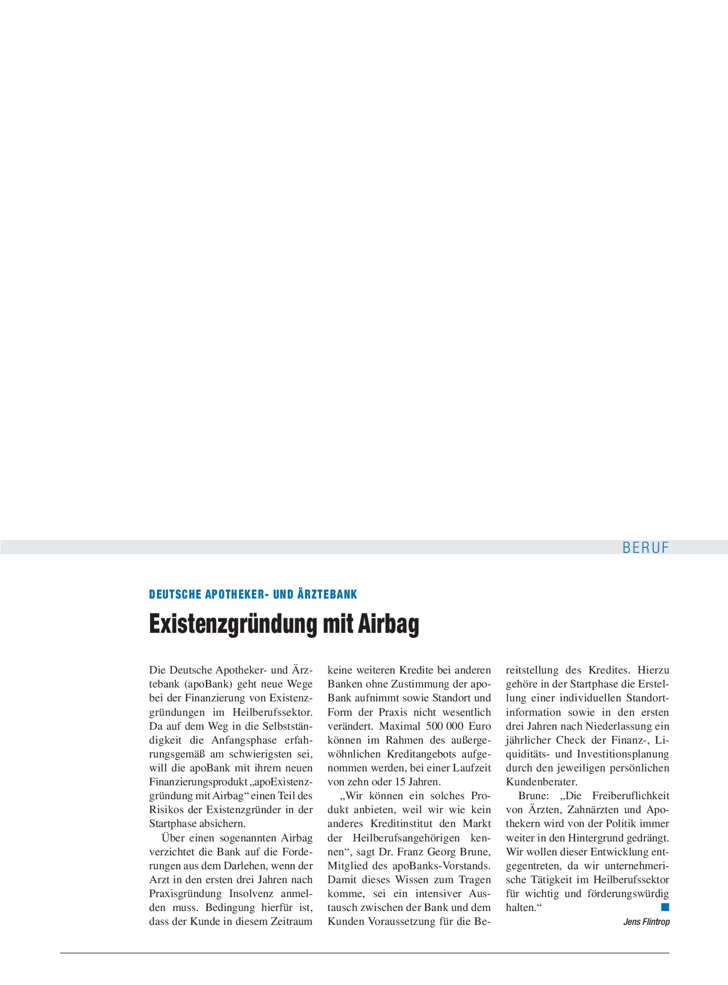 Vorschauseite 1: Deutsche Apotheker- und Ärztebank: Existenzgründung mit Airbag – Deutsches Ärzteblatt