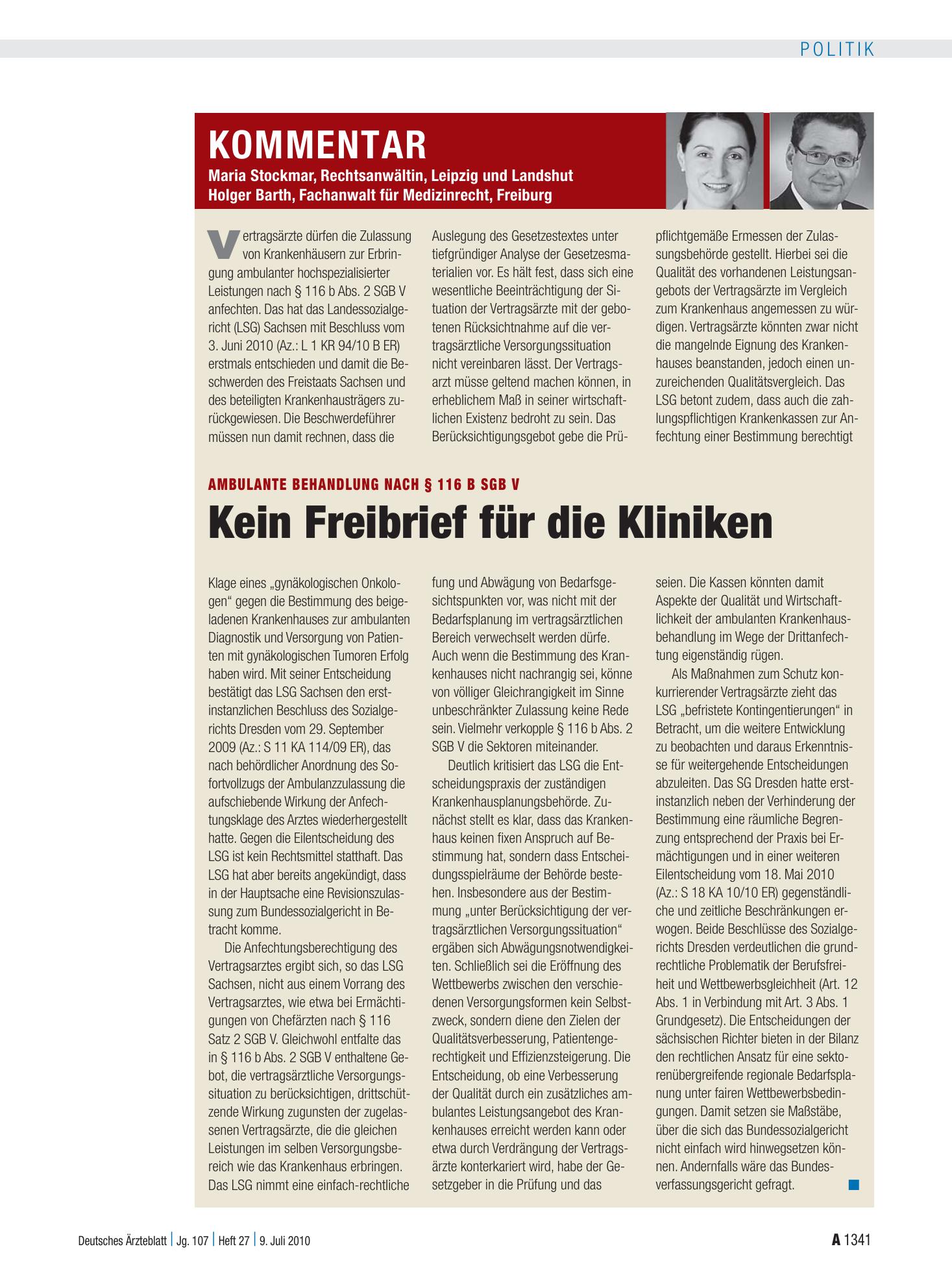 Vorschauseite 1: Ambulante Behandlung nach § 116 b SGB V: Kein Freibrief für die Kliniken – Deutsches Ärzteblatt