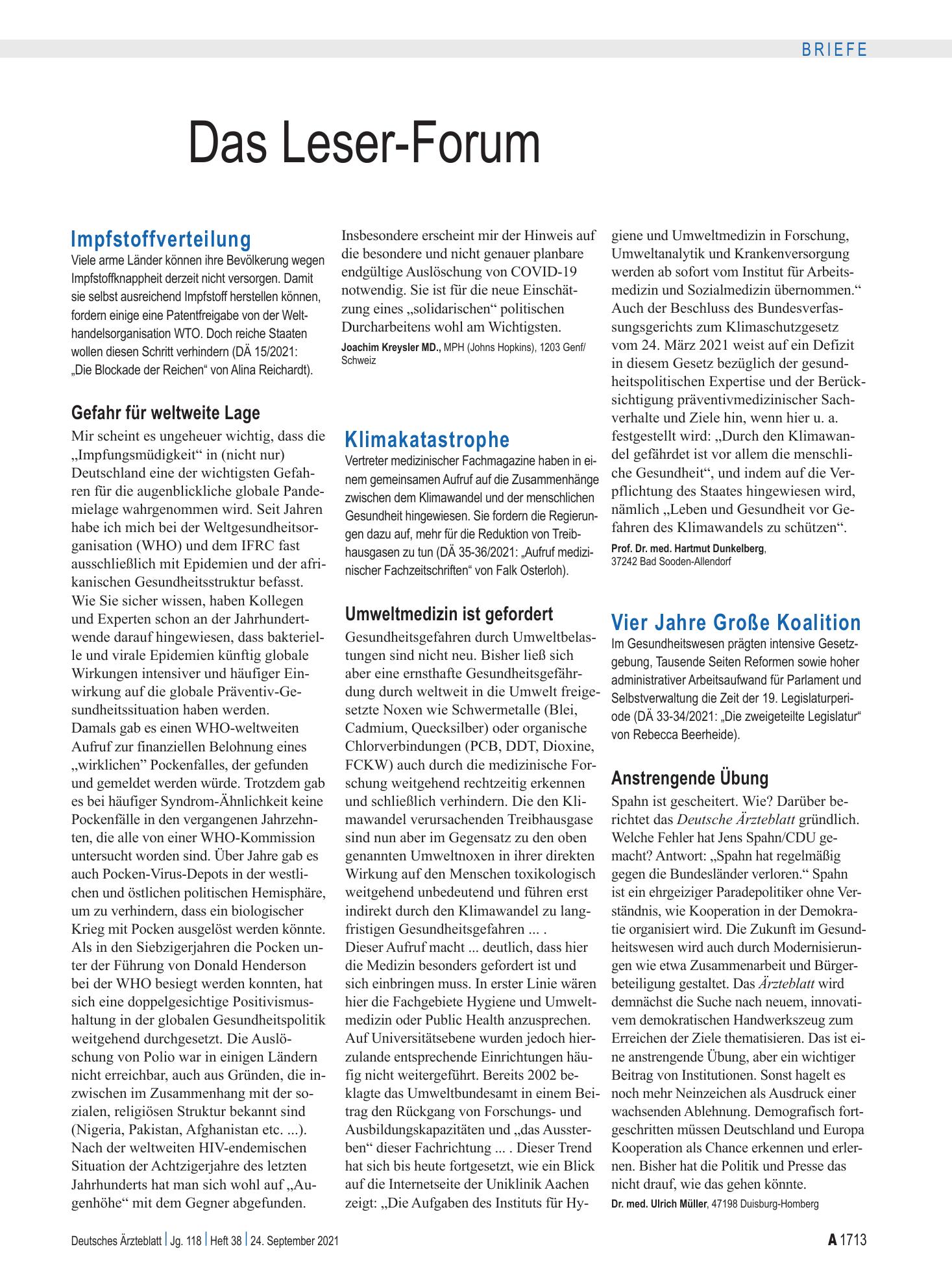 Vorschauseite 1: Impfstoffverteilung: Gefahr für weltweite Lage – Deutsches Ärzteblatt