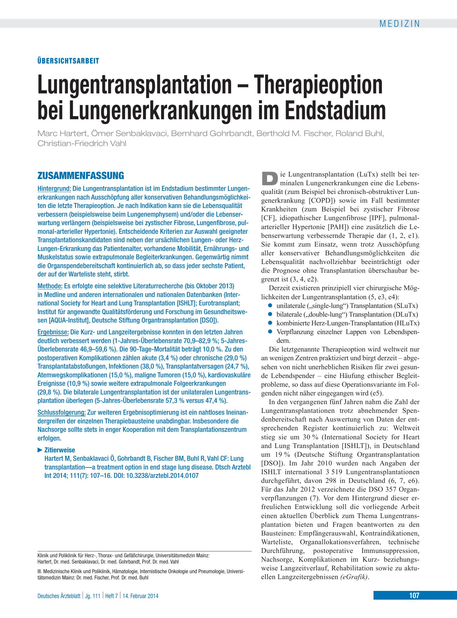Vorschauseite 1: Lungentransplantation – Therapieoption bei Lungenerkrankungen im Endstadium – Deutsches Ärzteblatt